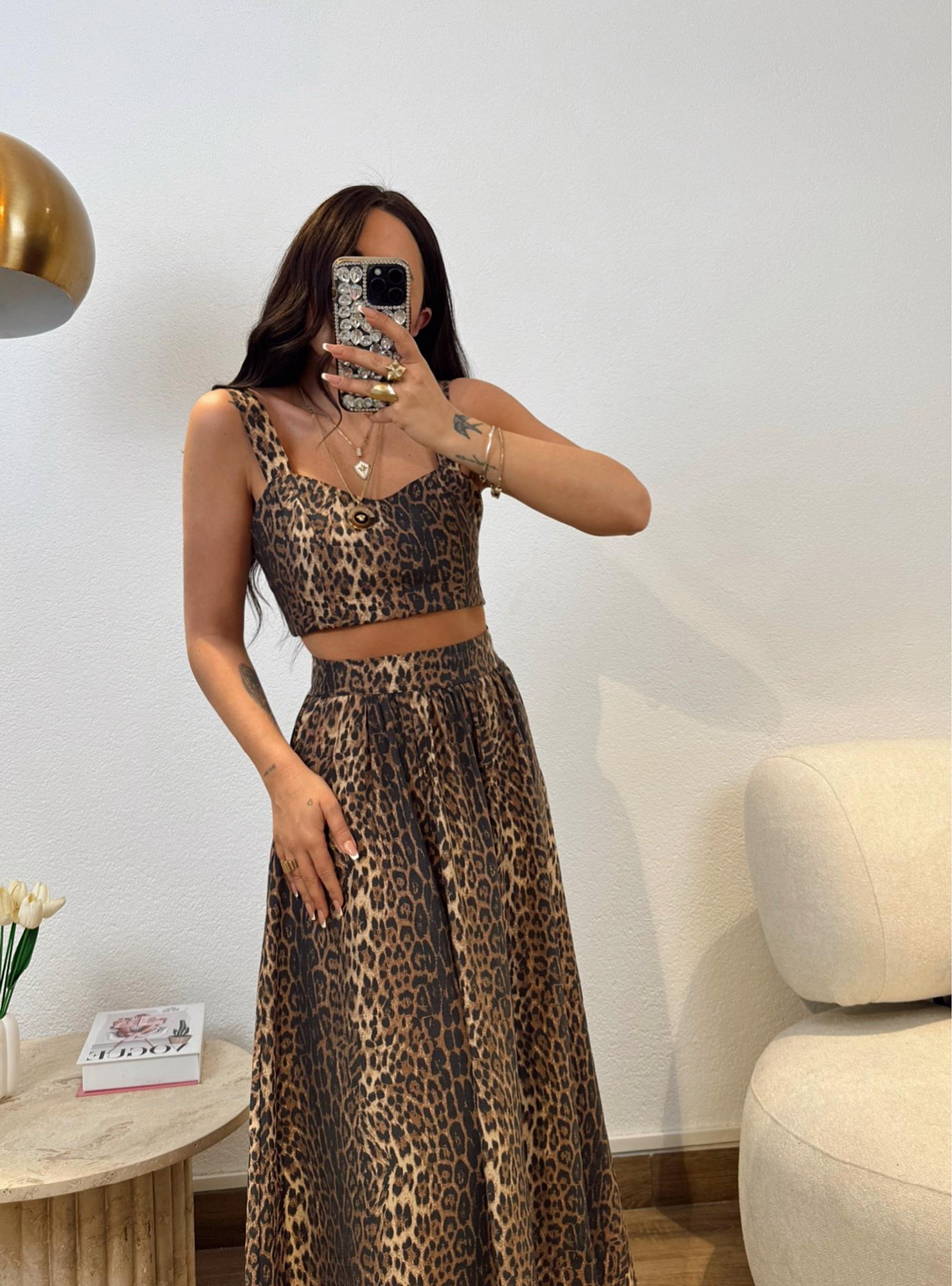 Leopar Desen Crop-Etek Takım