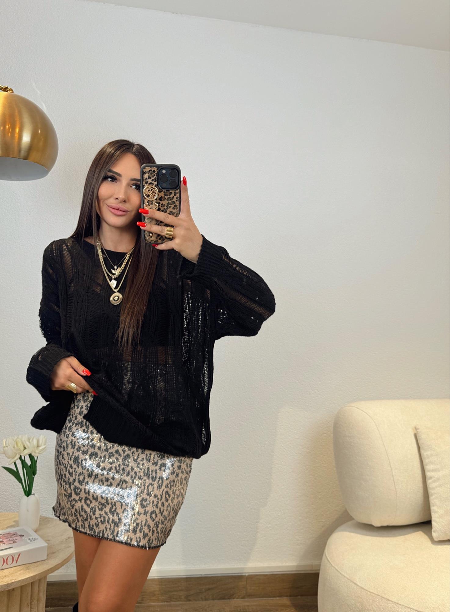 Leopar Desen Pul Payet Mini Etek