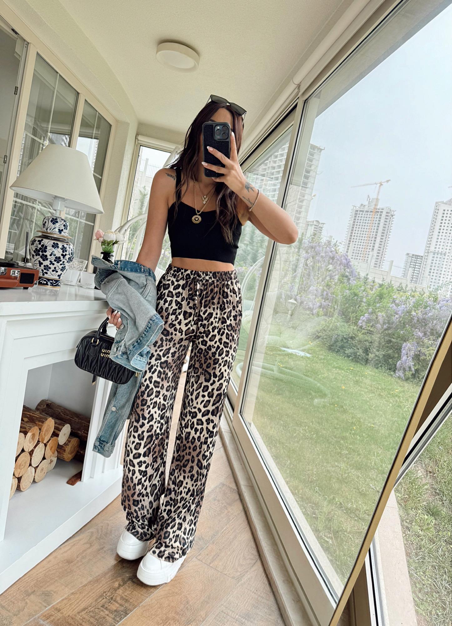 Leopar Desen Saten Rahat Pantolon