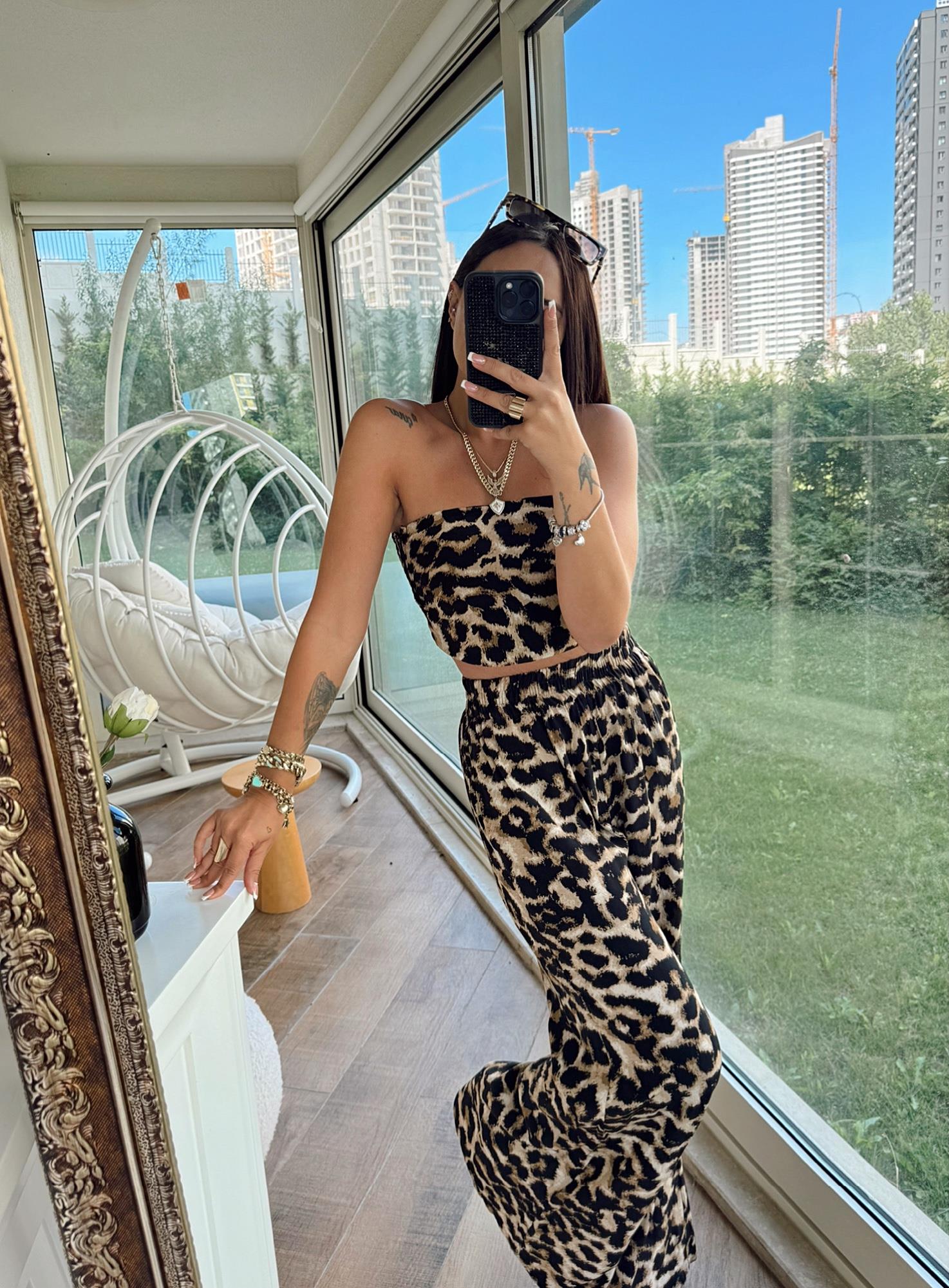 Leopar Desen Straplez Crop&Pantolon Takım