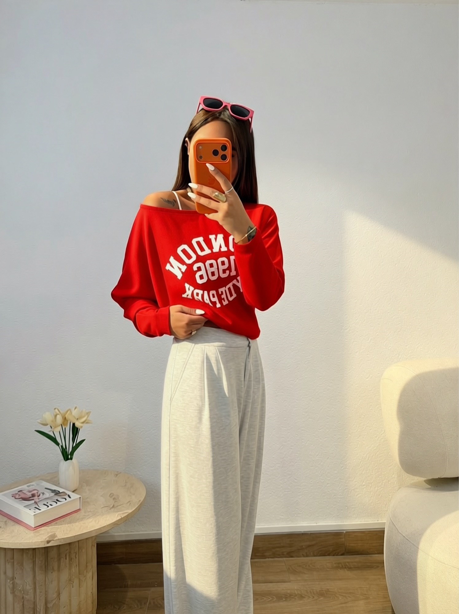 London Düşük Omuz Modal Kırmızı Sweatshirt