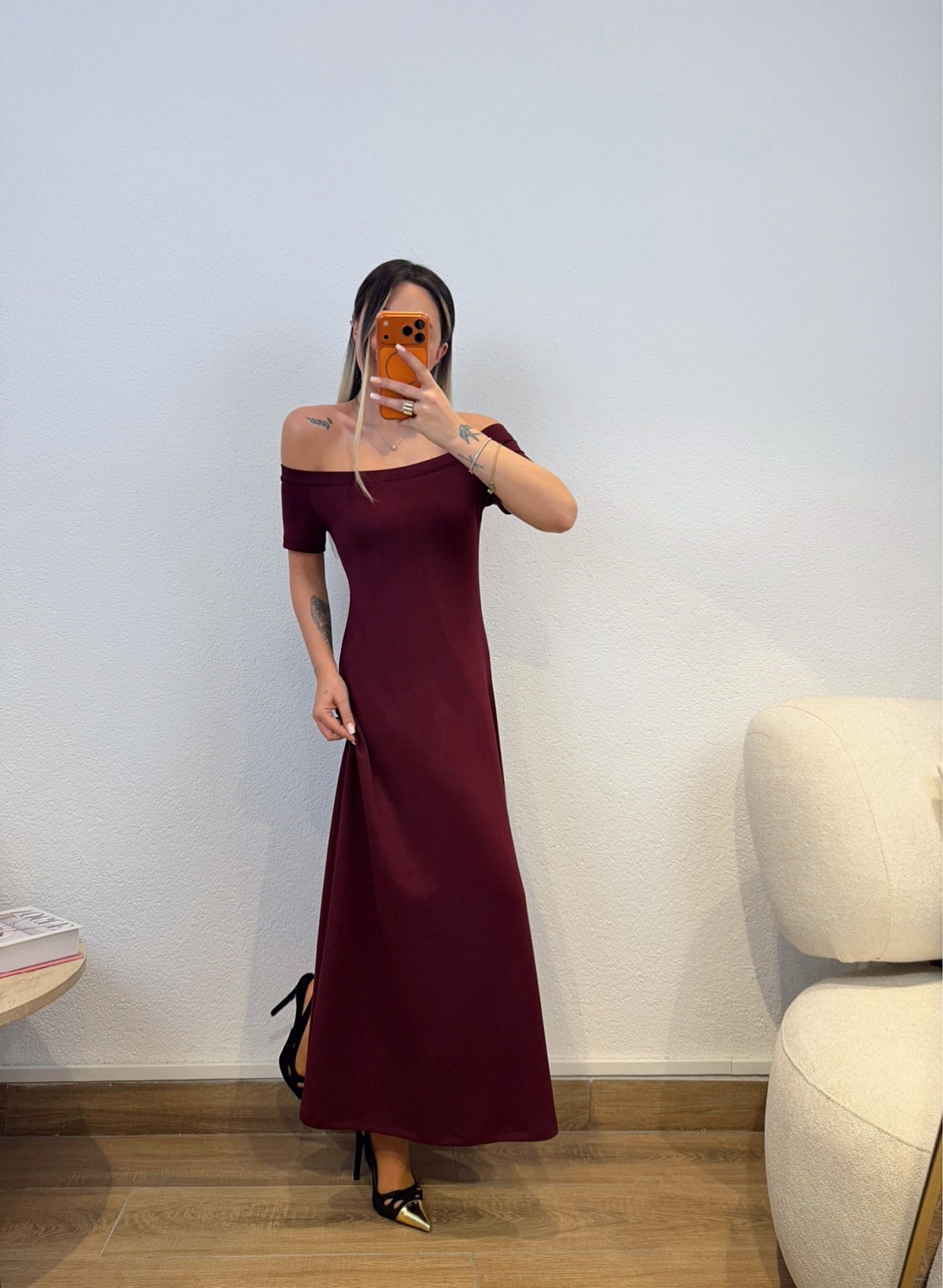 Madonna Yaka Modal Bordo Midi Boy Elbise