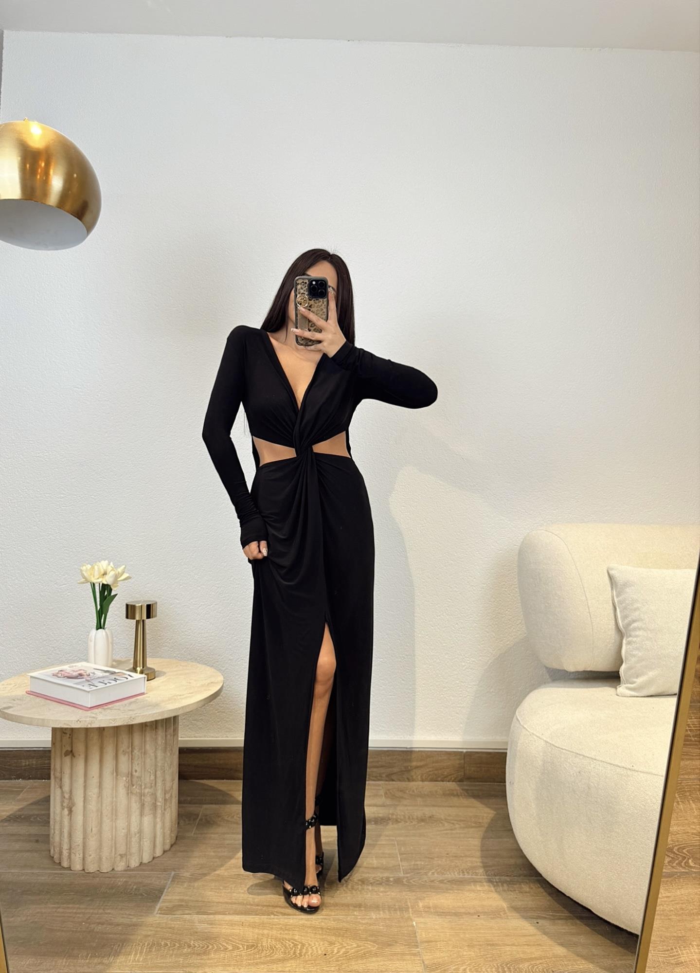 Maxi Boy Düğümlü Sandy Siyah Elbise