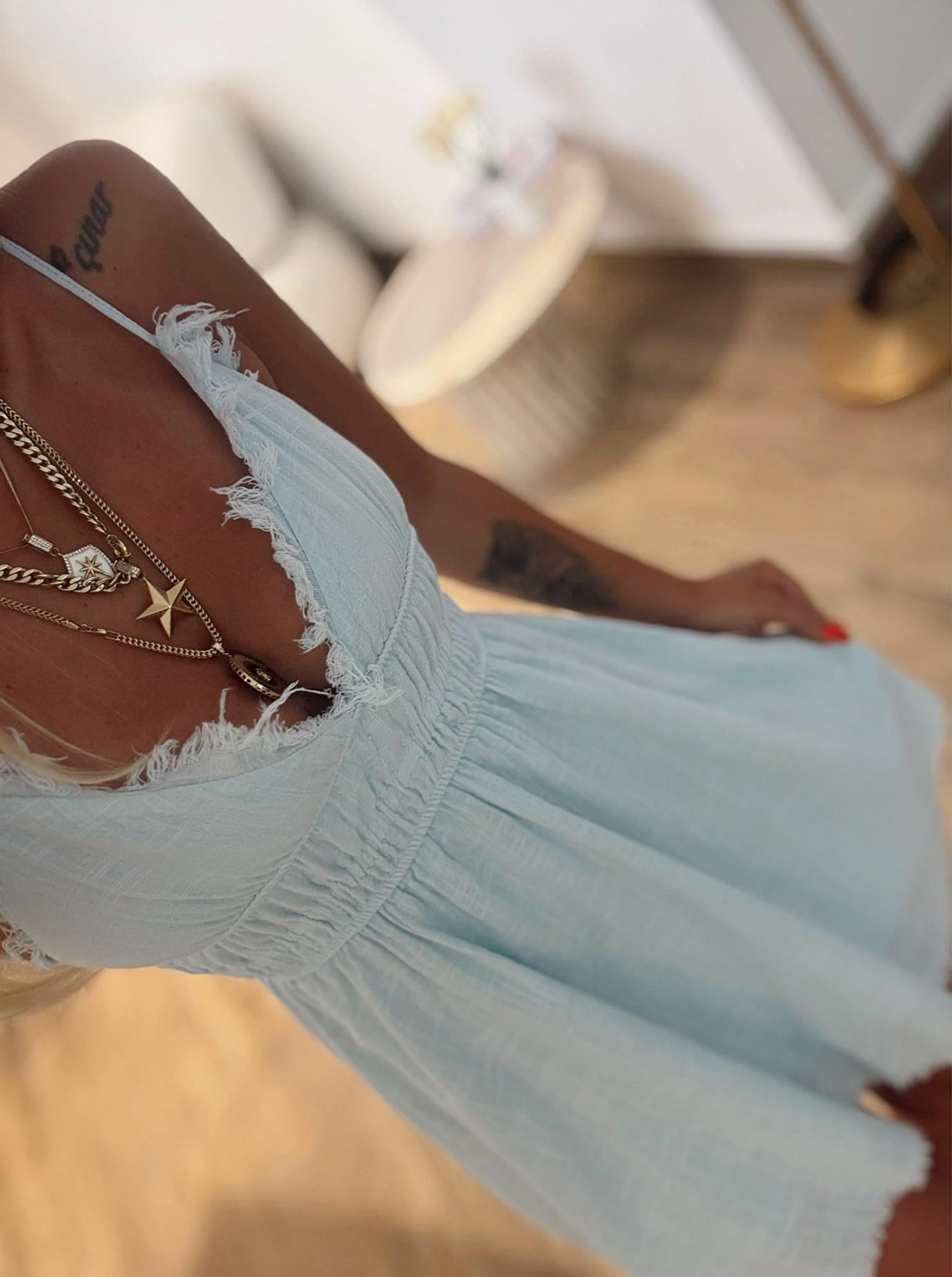 Müslin Kumaş İp Askılı Bebe Mavi Elbise