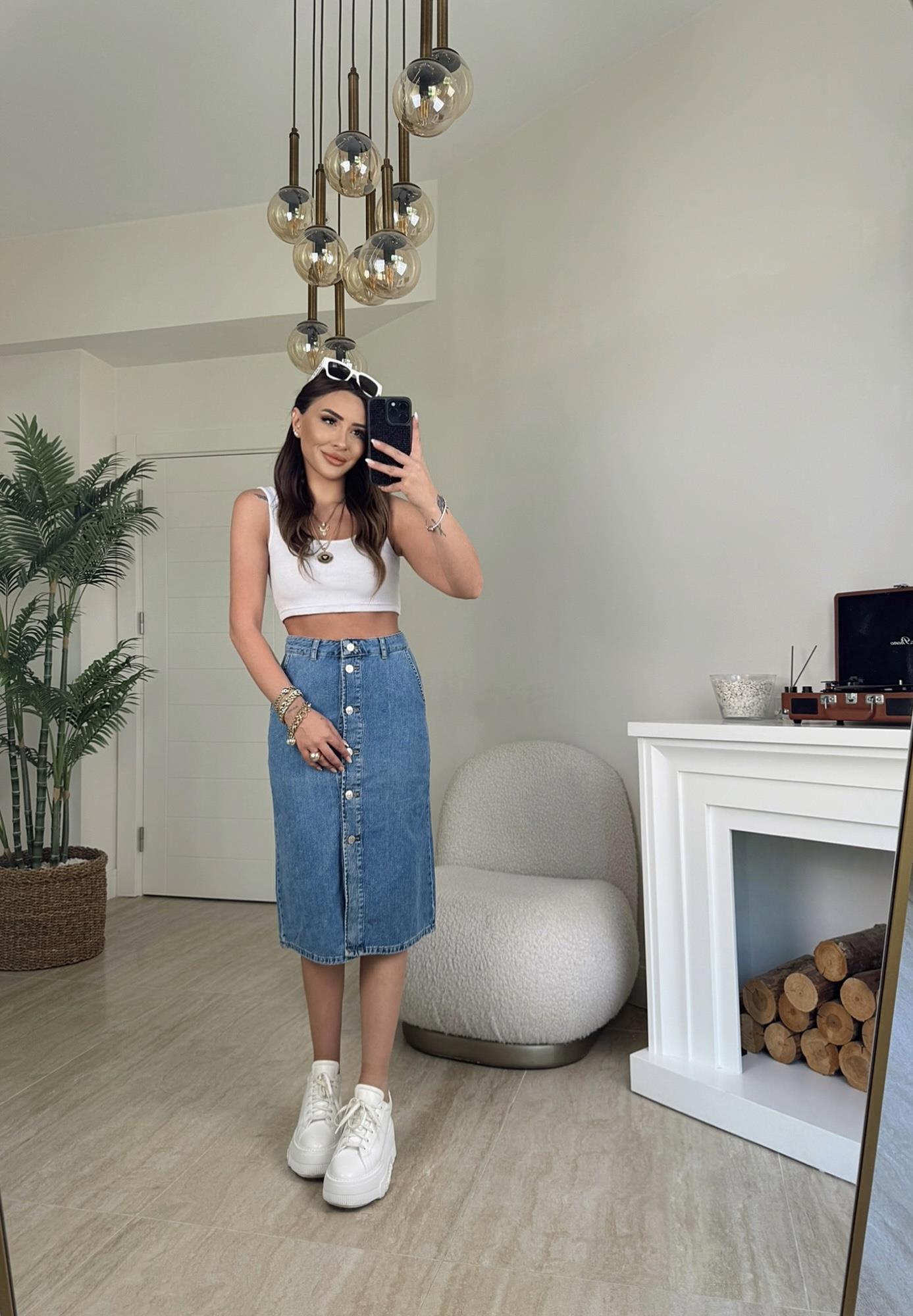 Önden Düğmeli Jean Midi Etek