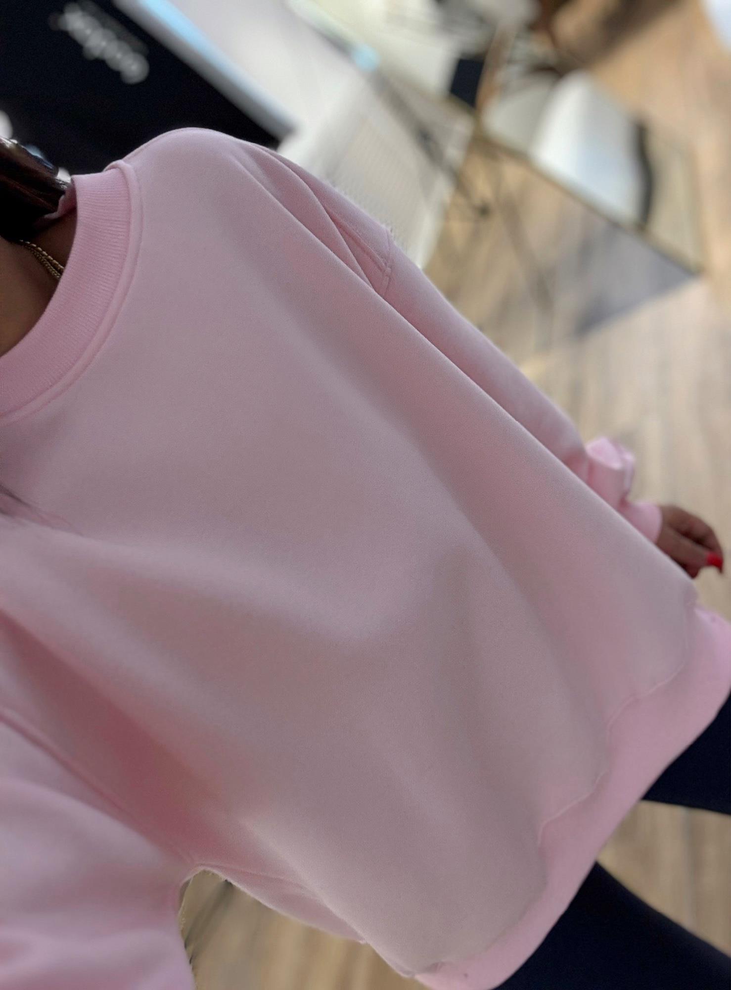 Oversize Şardonlu Basic Pembe Sweatshirt