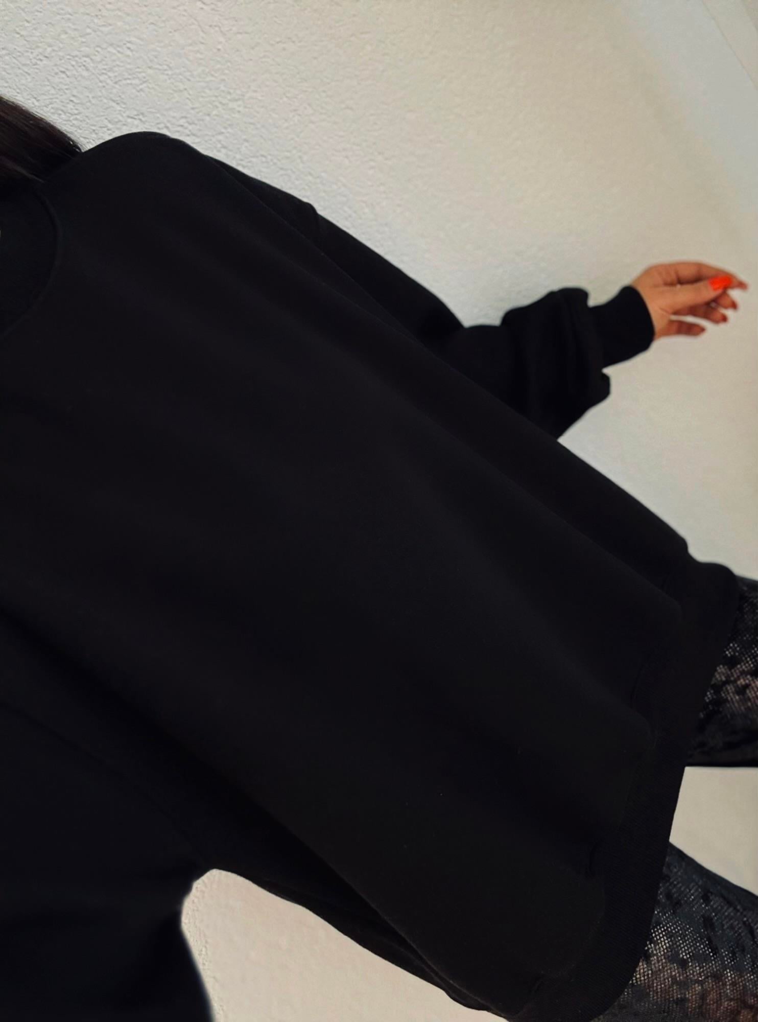 Oversize Şardonlu Basic Siyah Sweatshirt