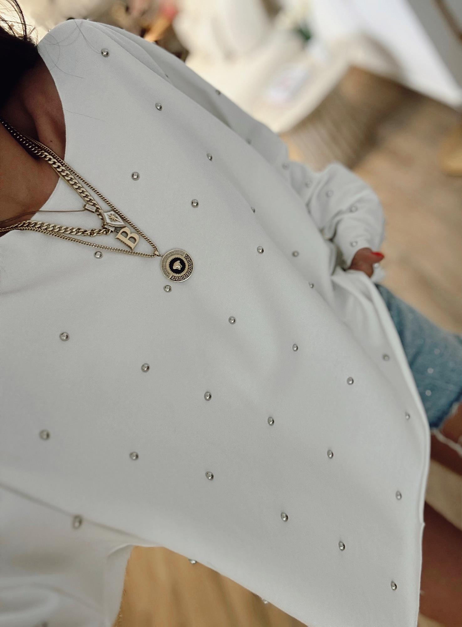 Oversize Taşlı Beyaz Sweat