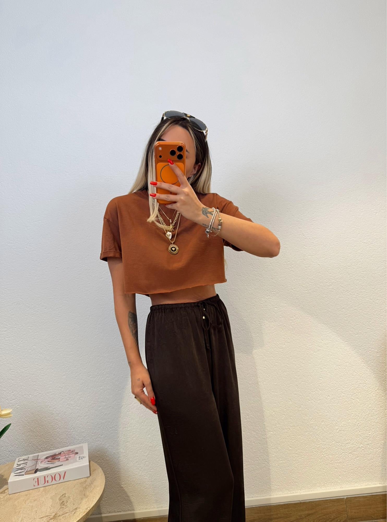 Pamuklu Kahve Crop Tshirt