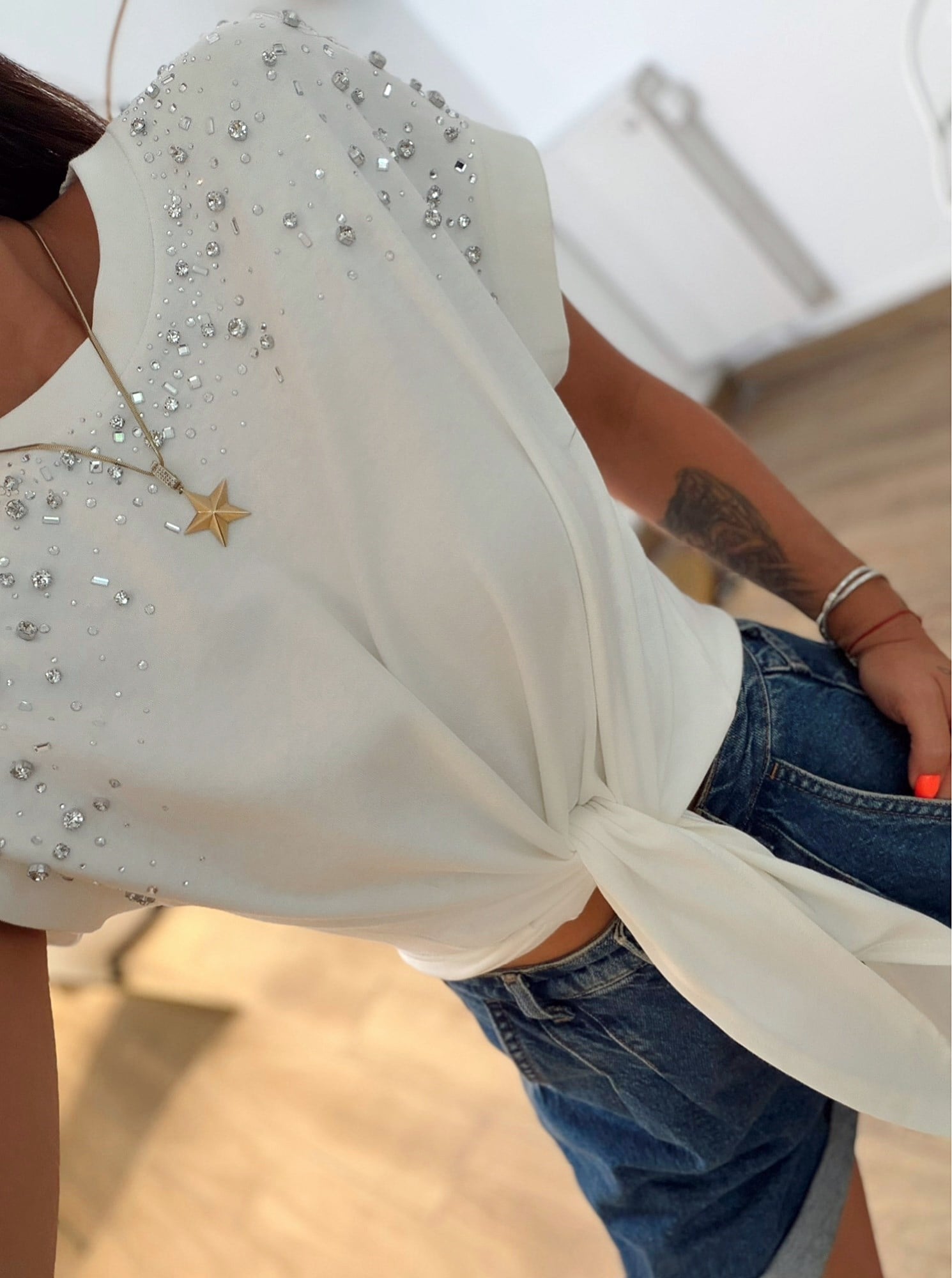 Premium Bağlamalı Taşlı Tshirt