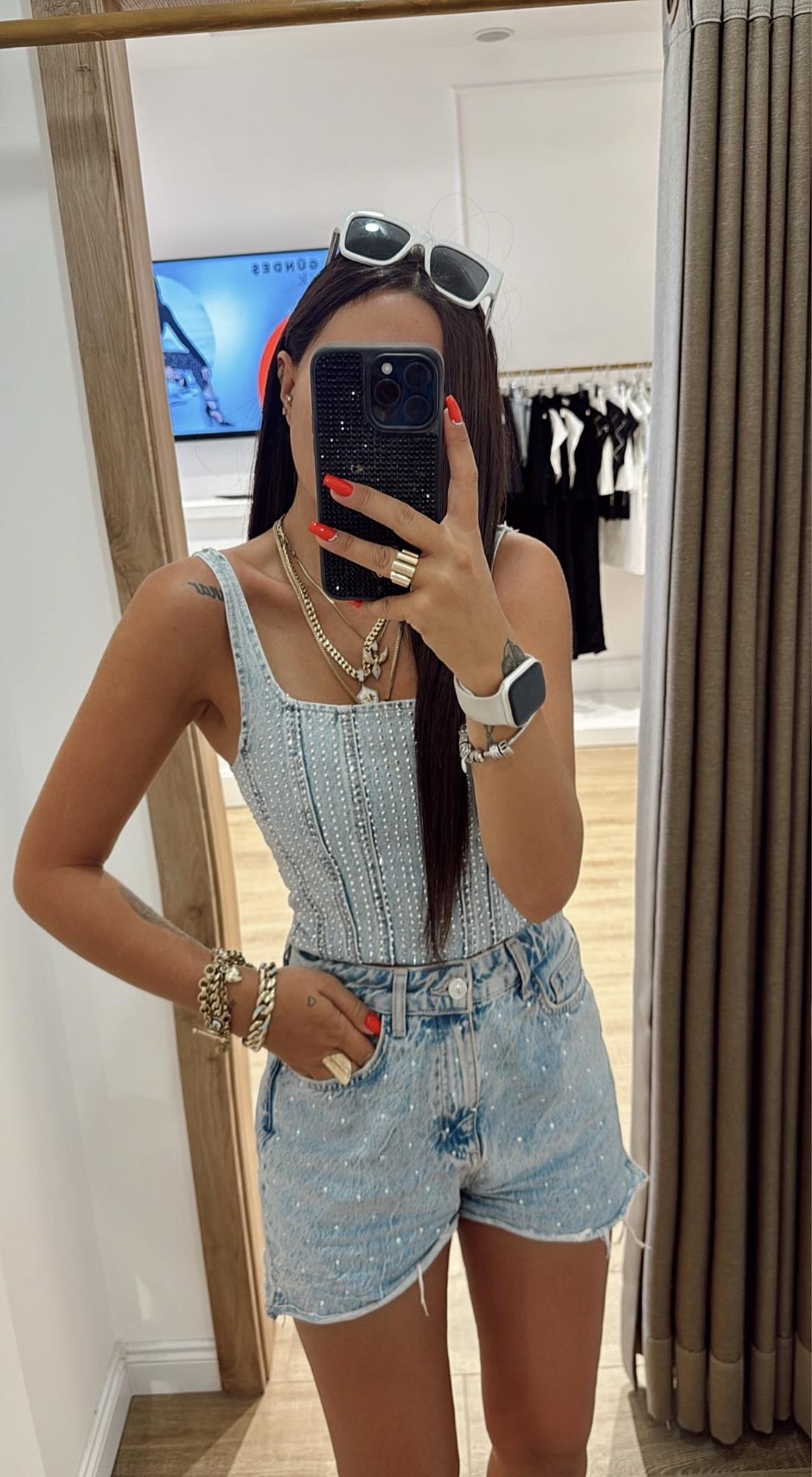 Premium Çapraz Sırt Detay Taşlı Jean Bustiyer
