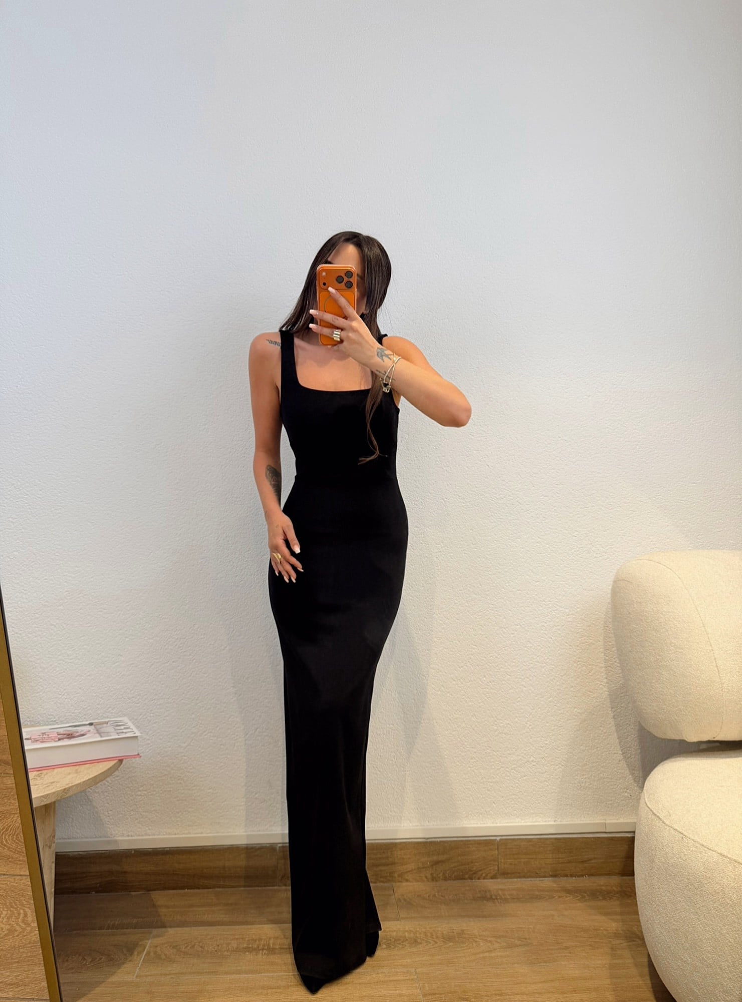 Premium Kalın Askılı Kare Yaka Siyah Maxi Boy Elbise