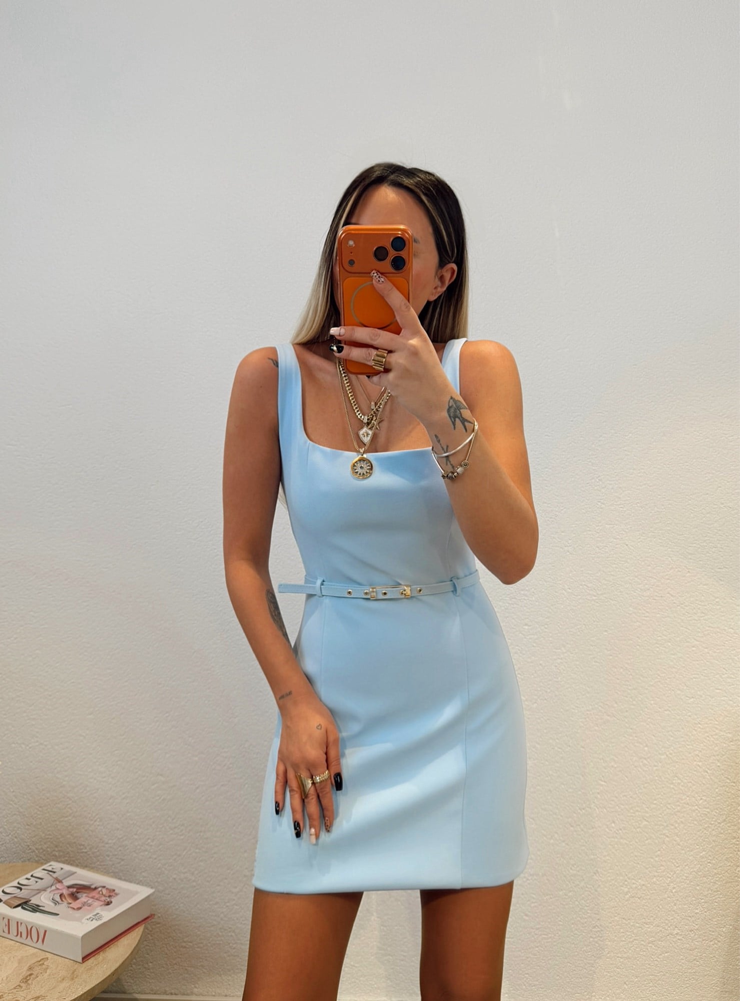 Premium Kalın Askılı Kemerli Bebe Mavi Mini Elbise