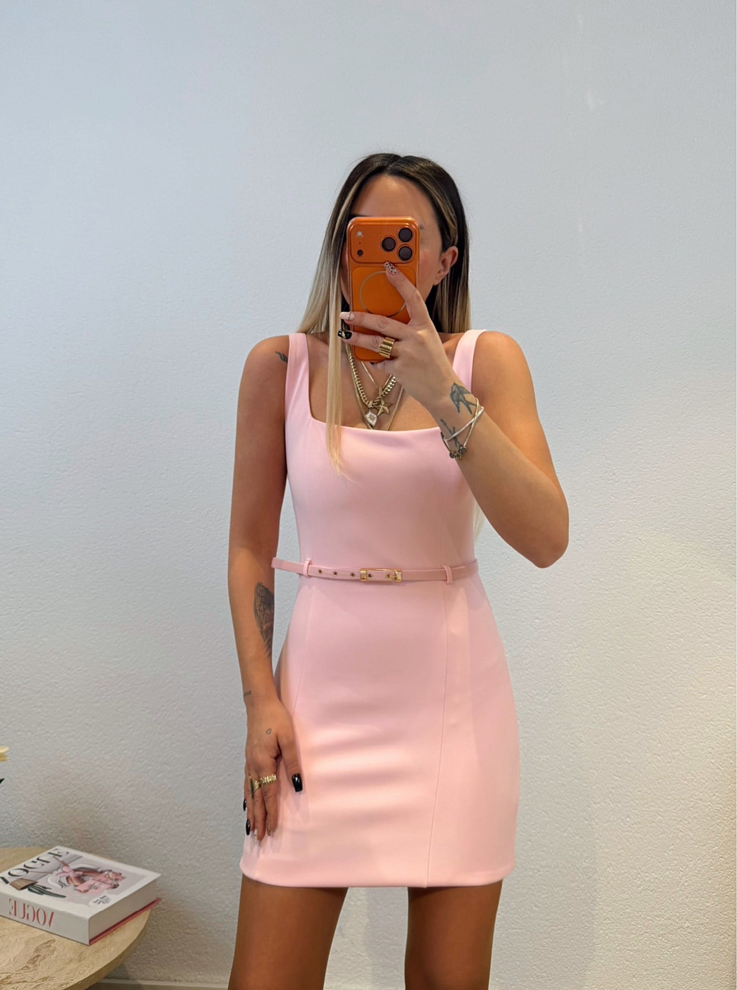 Premium Kalın Askılı Kemerli Pembe Mini Elbise