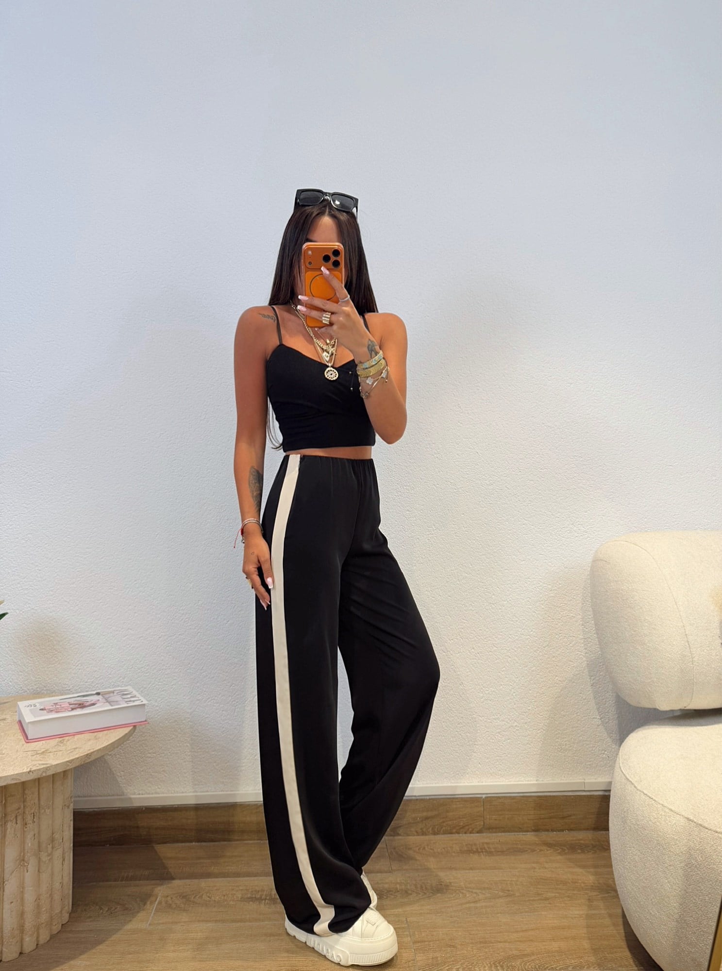 Premium Seri Bej Şeritli Saten Pantolon