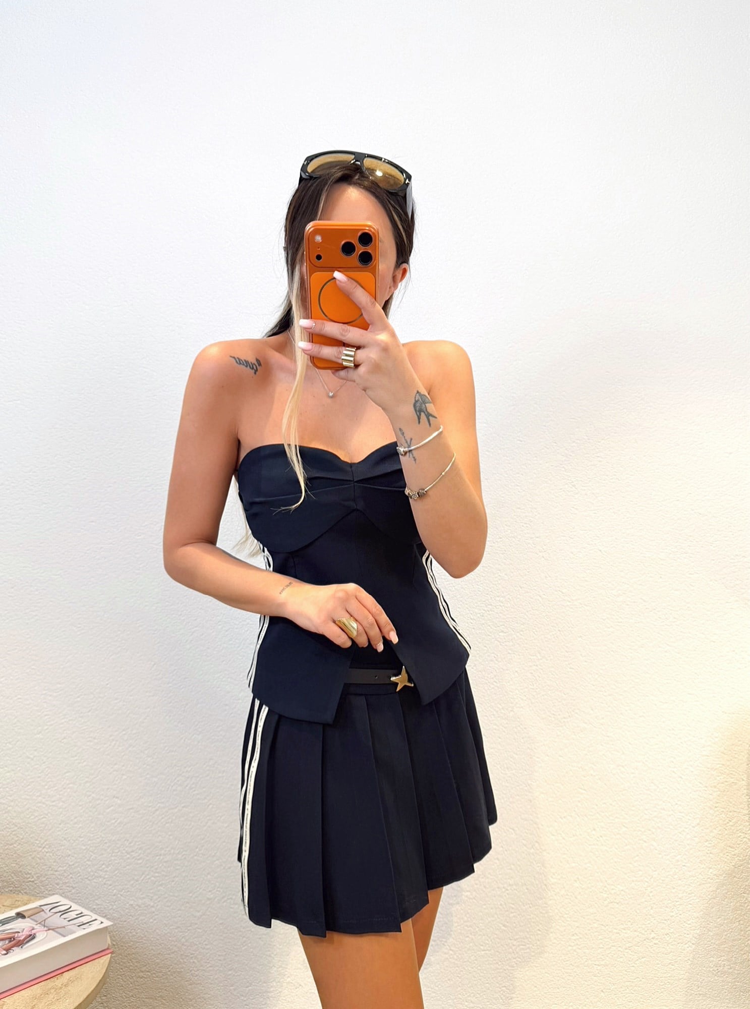 Premium Şeritli Pileli Mini Etek