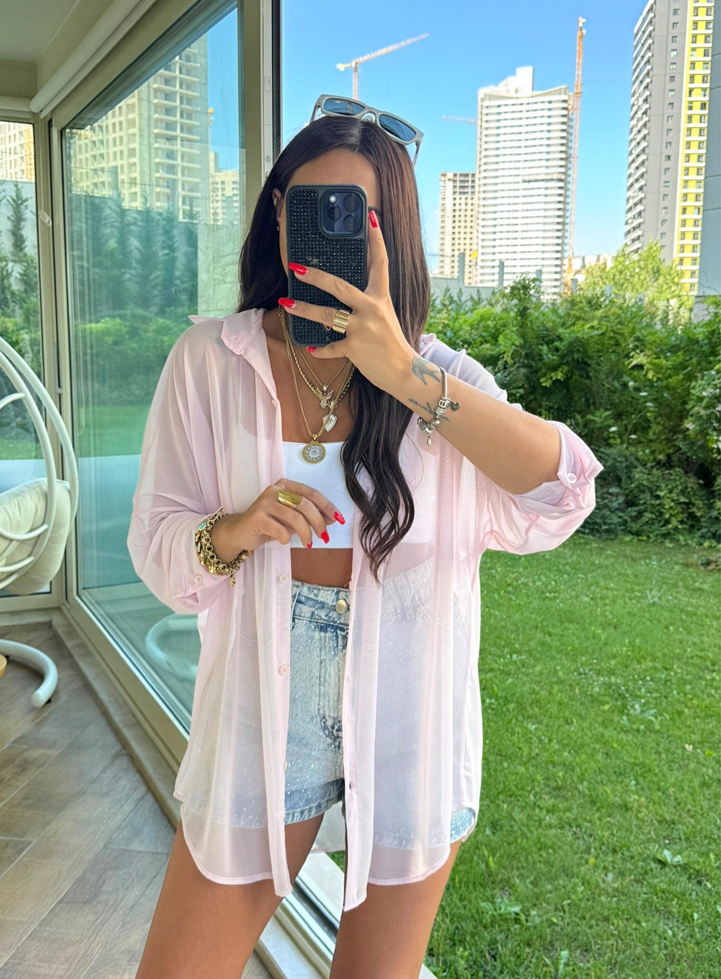 Pudra Pembe Oversize Tül Gömlek