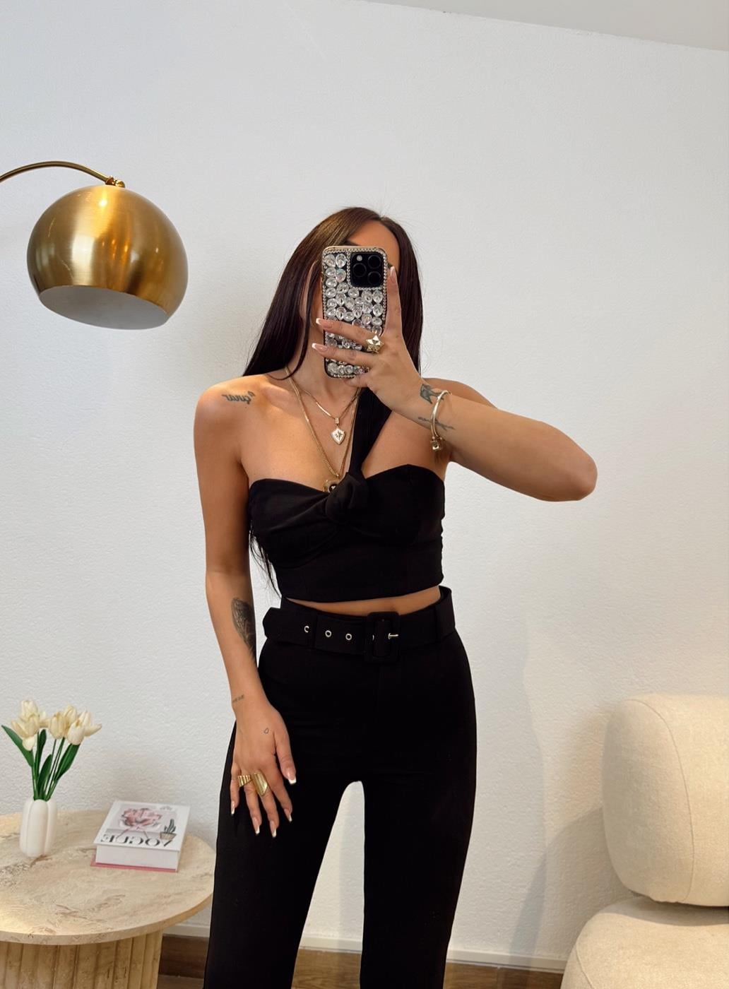 Siyah Keten Düğümlü Crop