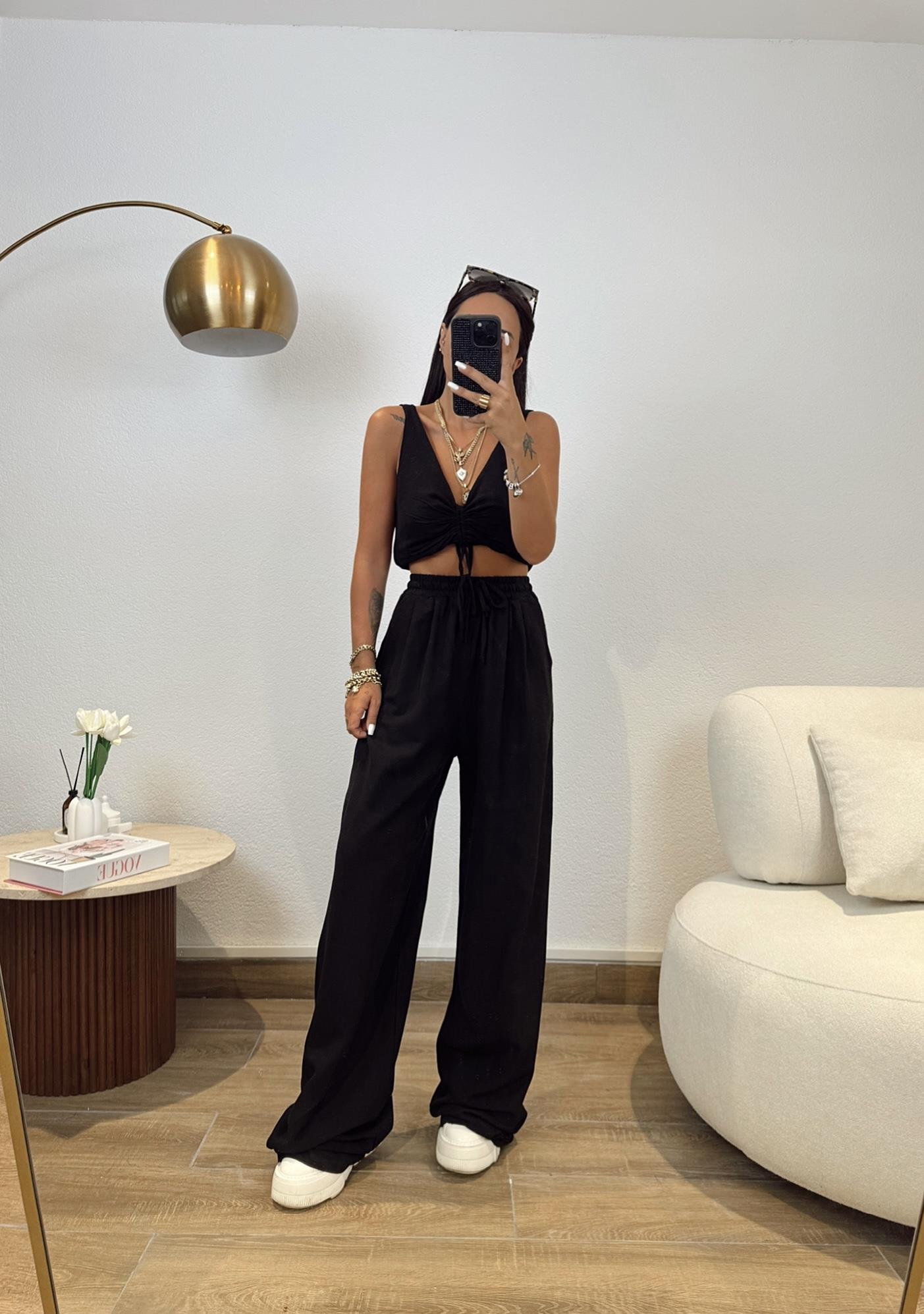 Siyah Önden Bağlamalı Crop&Pantolon Keten Takım