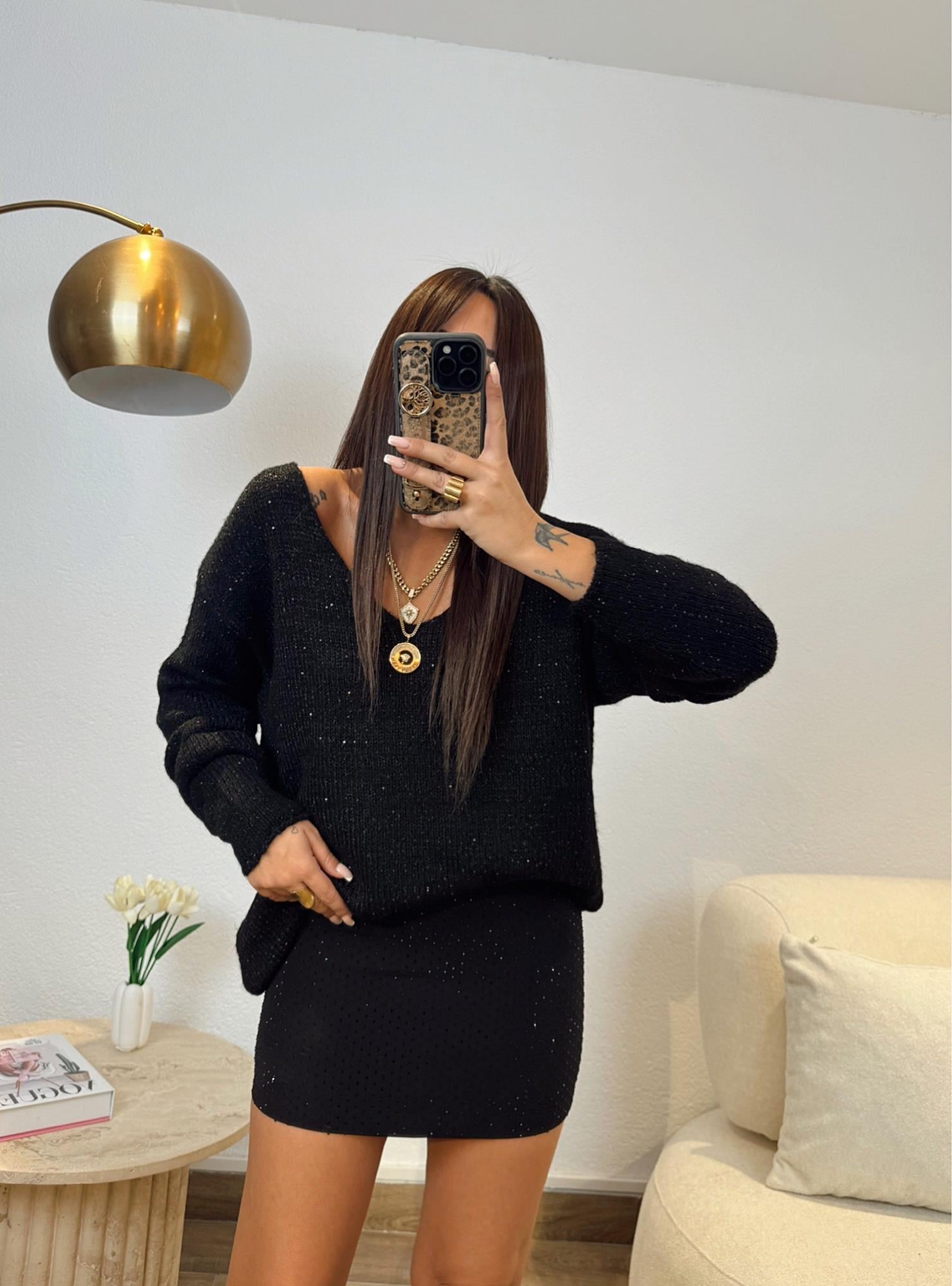 Siyah Taşlı Crep Mini Etek