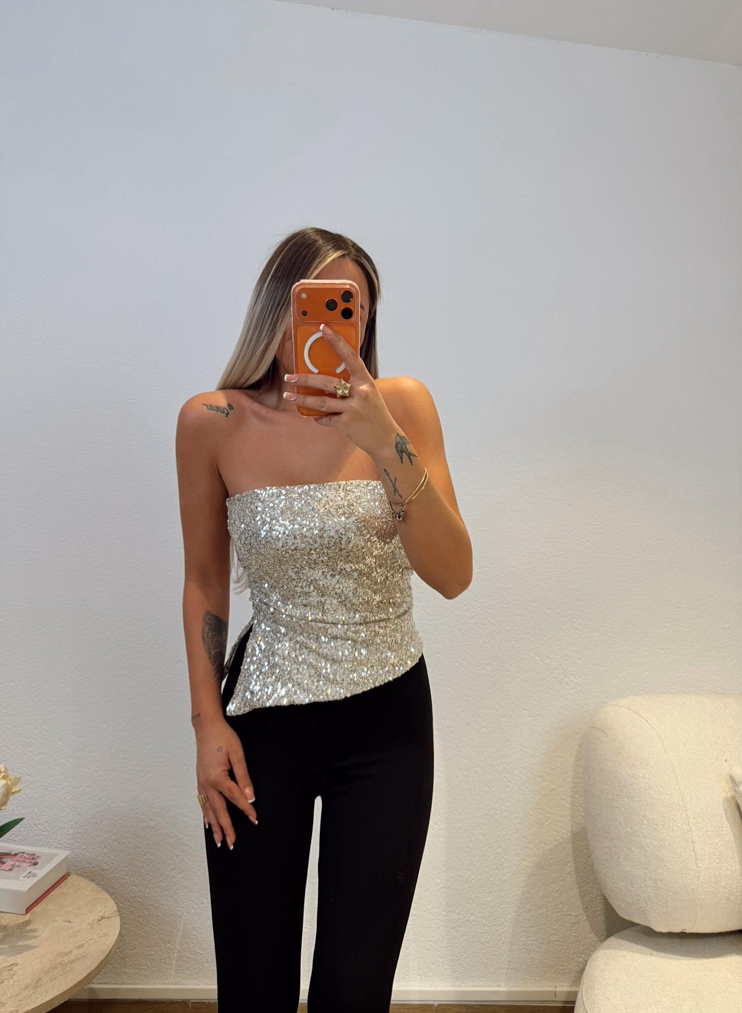 Straplez Pul Payet Asimetrik Bal Rengi Crop