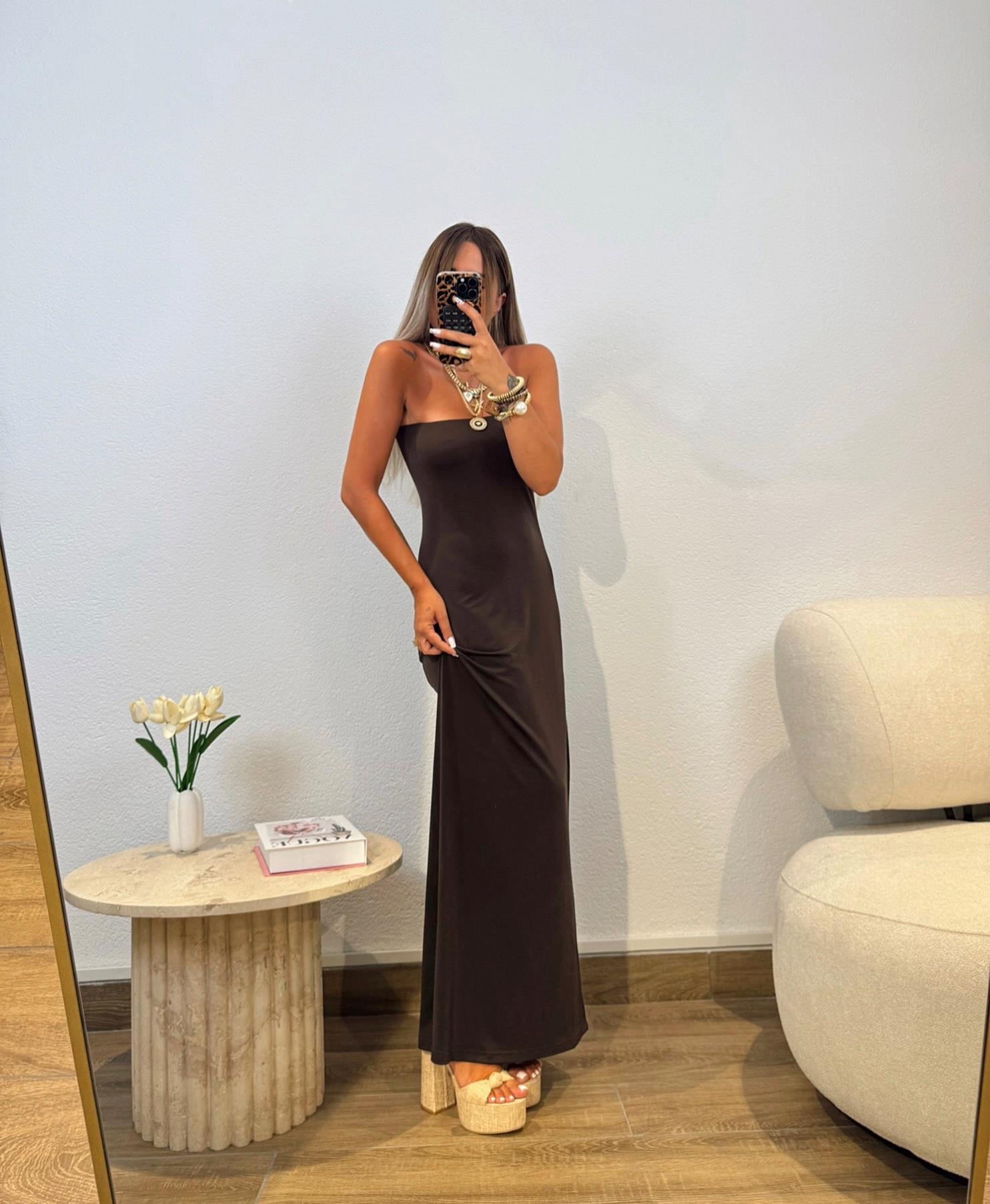 Straplez Sandy Kahve Maxi Elbise