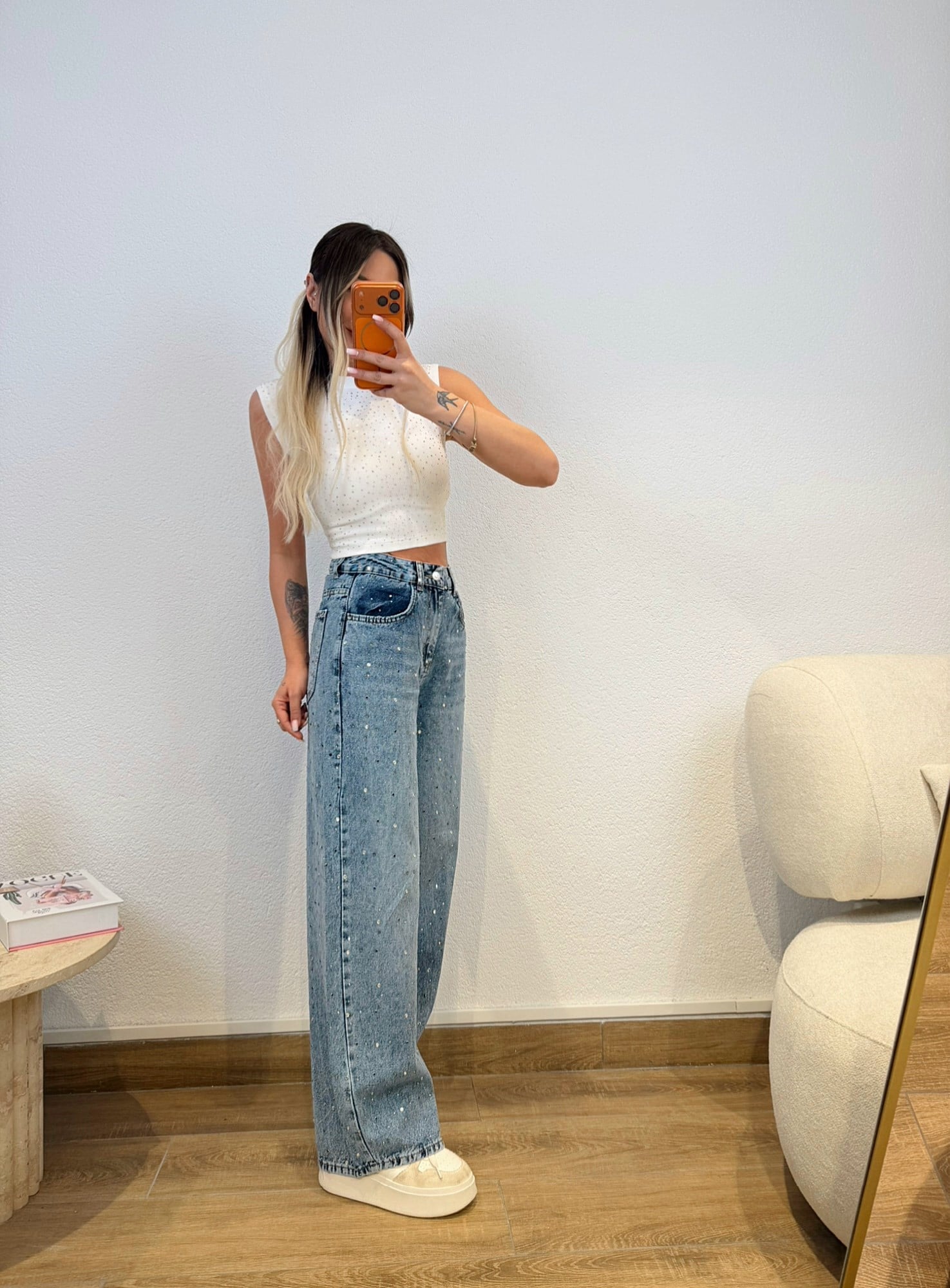 Taşlı Bol Paça Jean