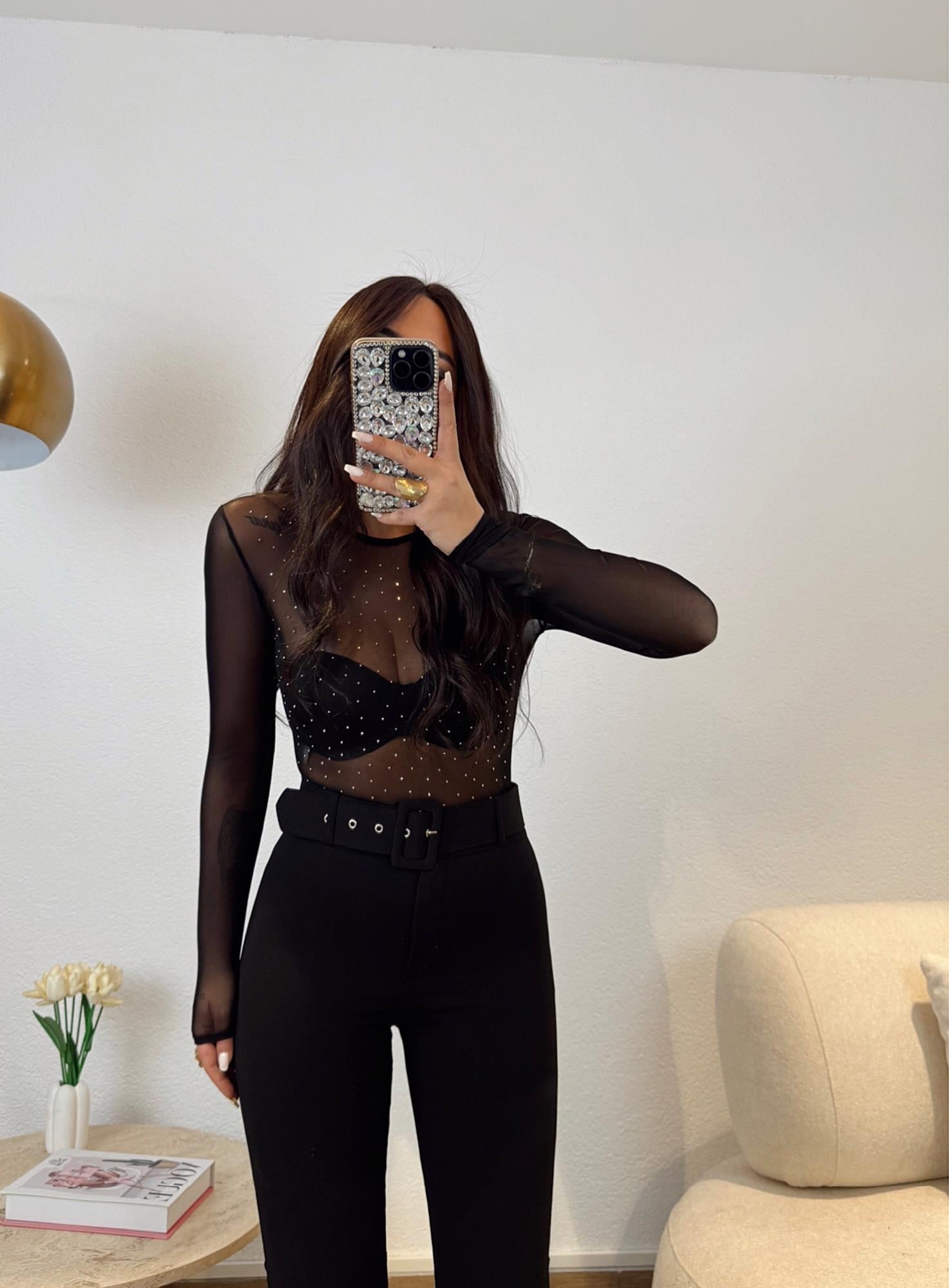 Transparan Gümüş Taşlı Bodysuit
