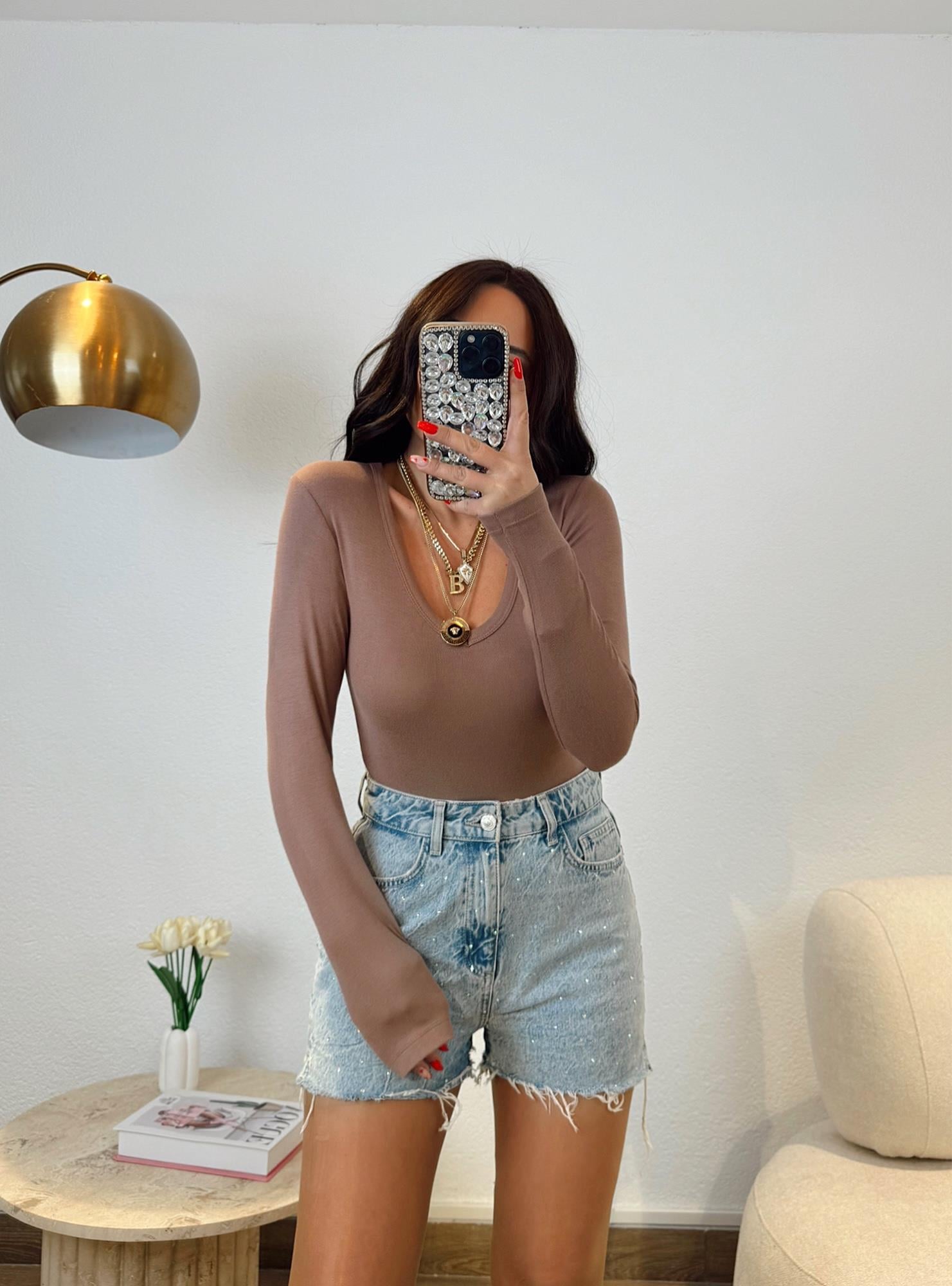 V Yaka Kahve Bodysuit