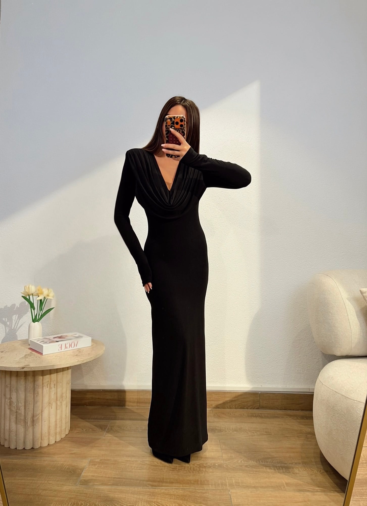 Vatkalı Degaje Yaka Maxi Elbise