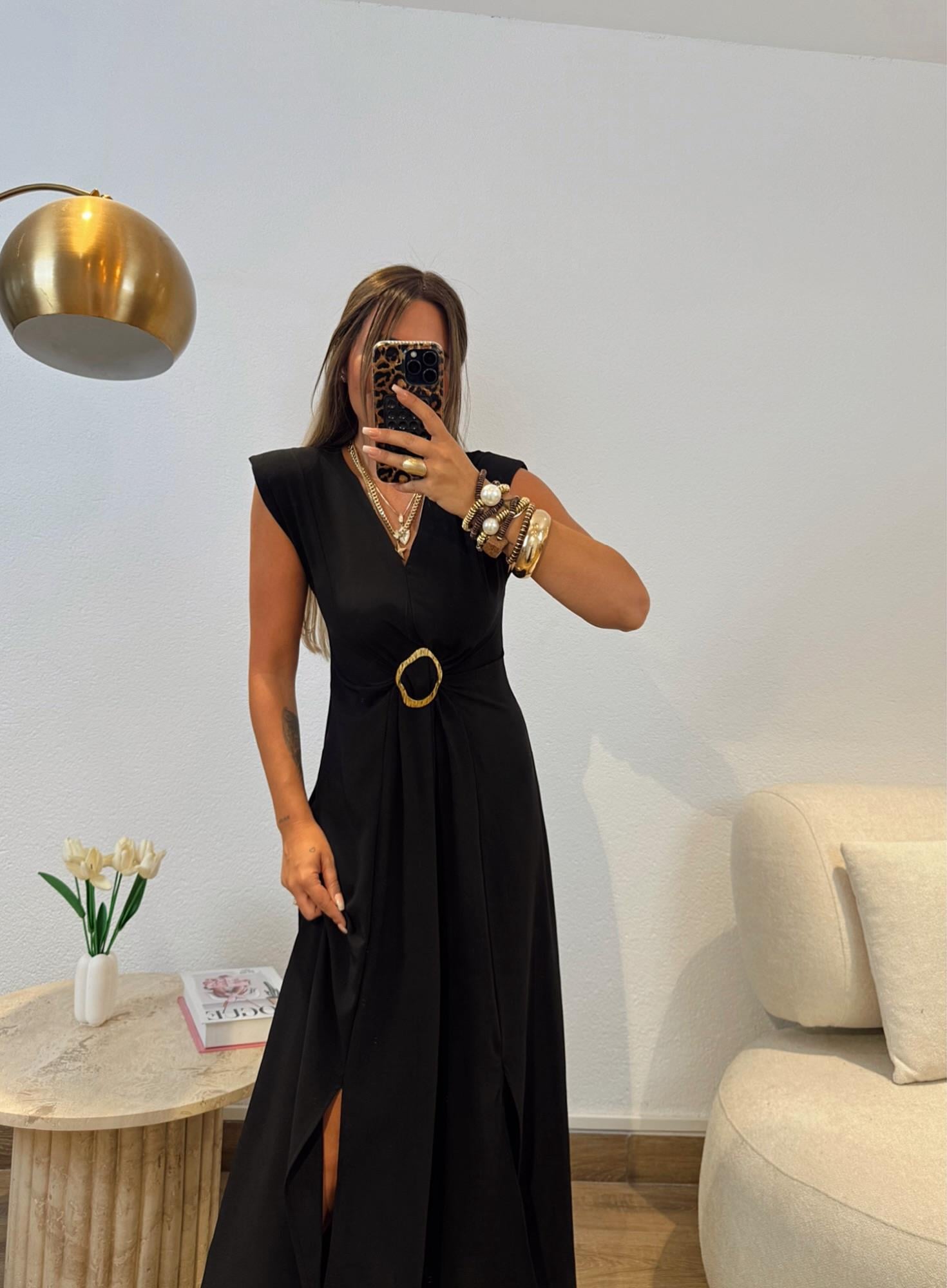 Vatkalı Gold Kemer Detay Parça Yırtmaçlı Crep Elbise