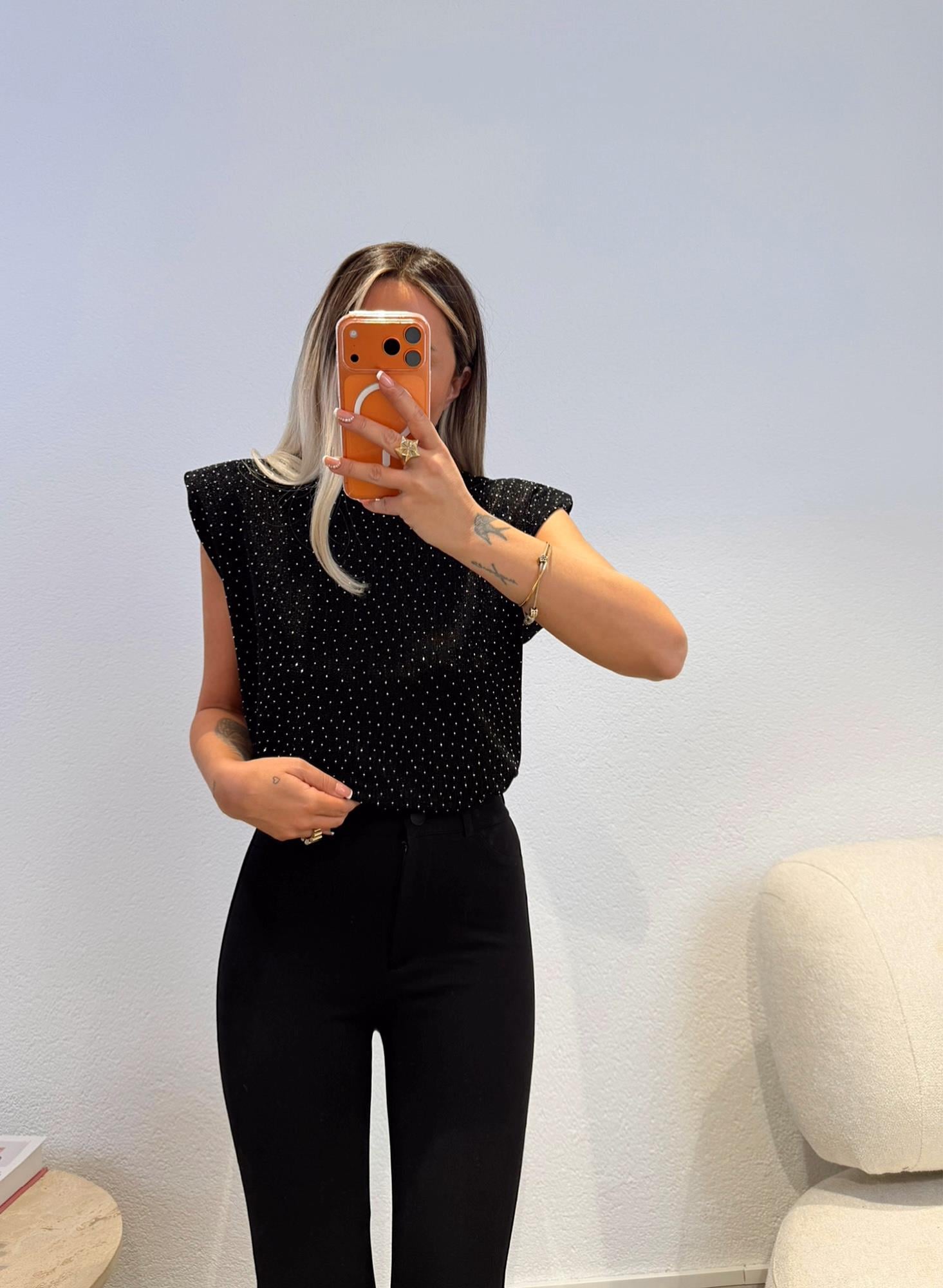 Vatkalı Gümüş Taşlı Bluz