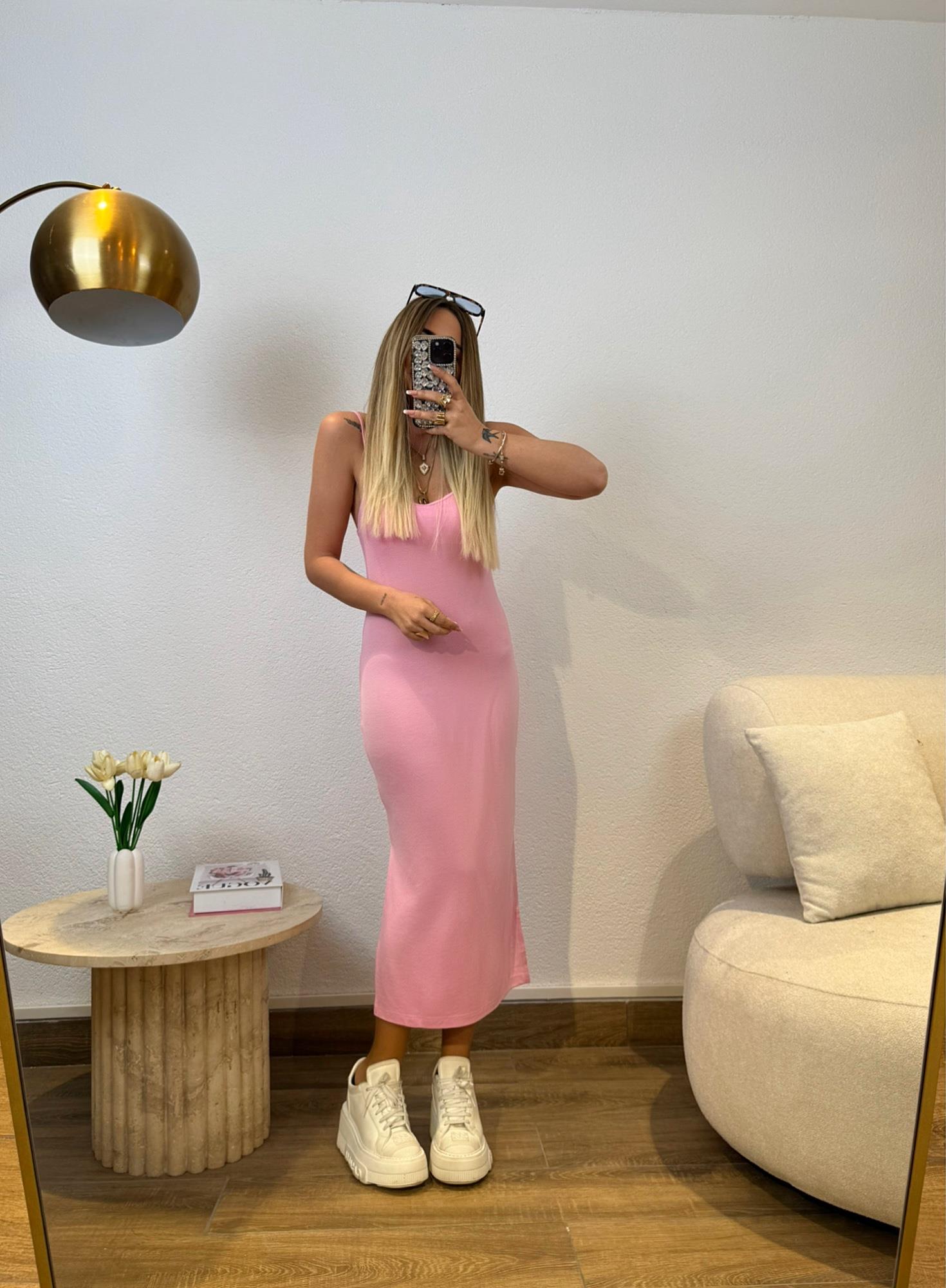 Yanları Yırtmaçlı Modal İp Askılı Pembe Elbise