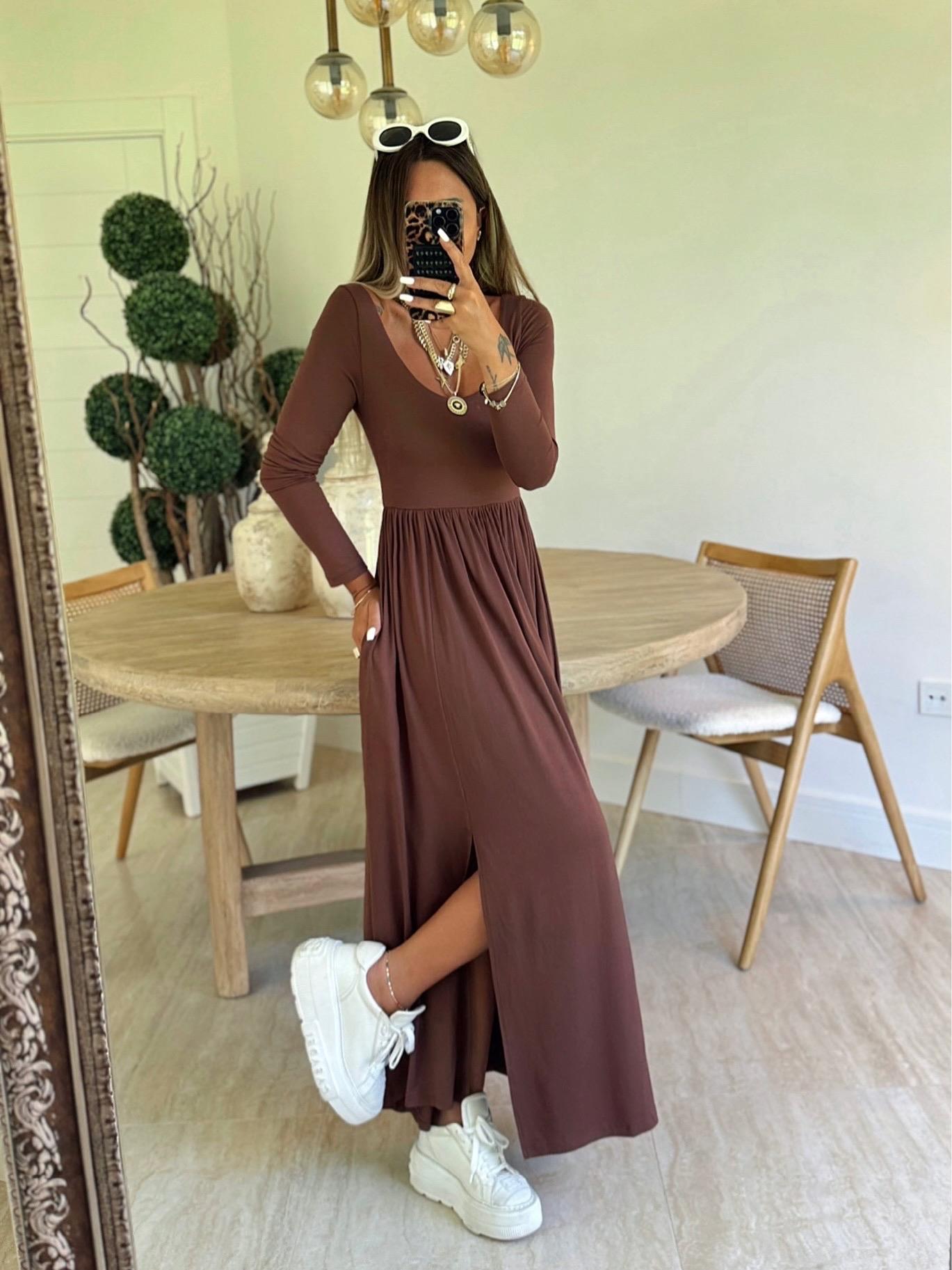 Yeni Sezon Kahve U Yaka Yırtmaçlı Elbise