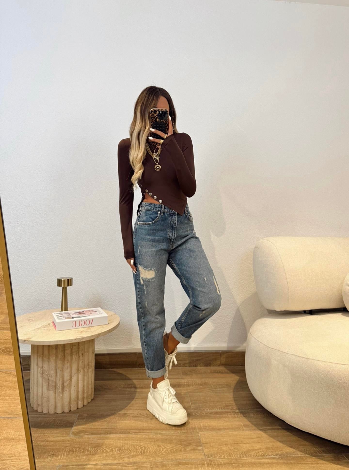 Yeşil Yıkamalı Yırtıklı Mom Jean