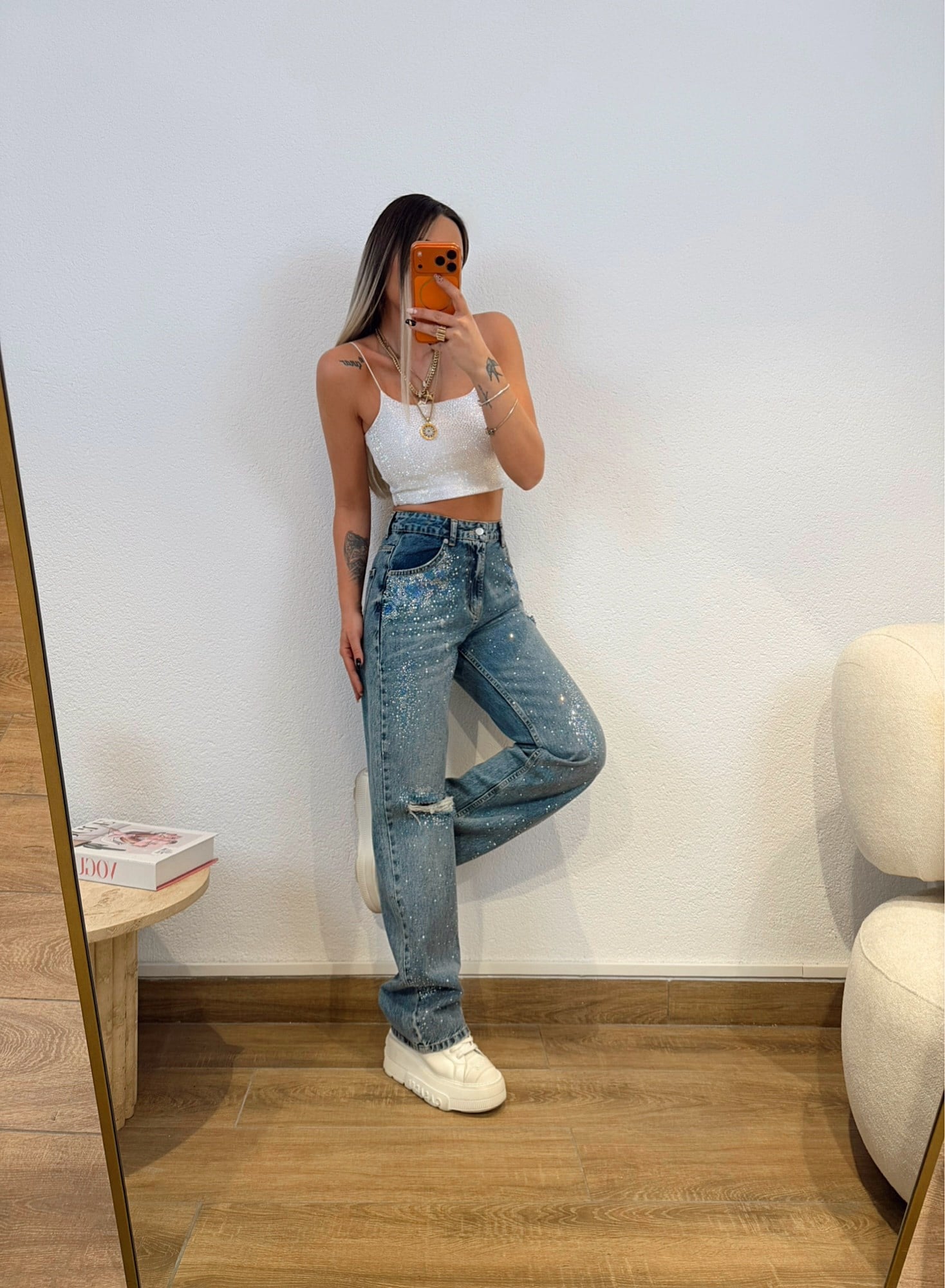 Yırtıklı Taşlı Jean