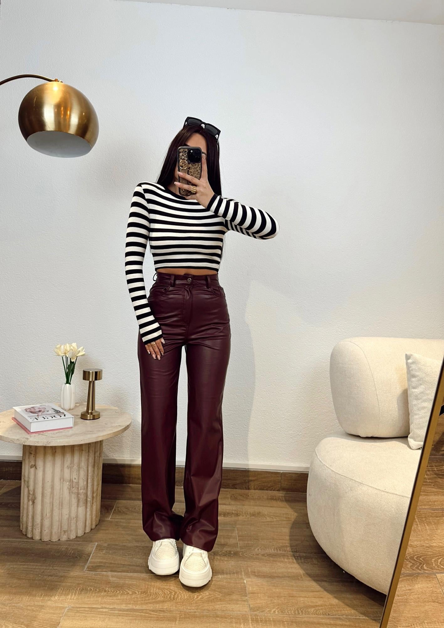 Z.a Şardonlu Deri Bordo Palazzo Pantolon