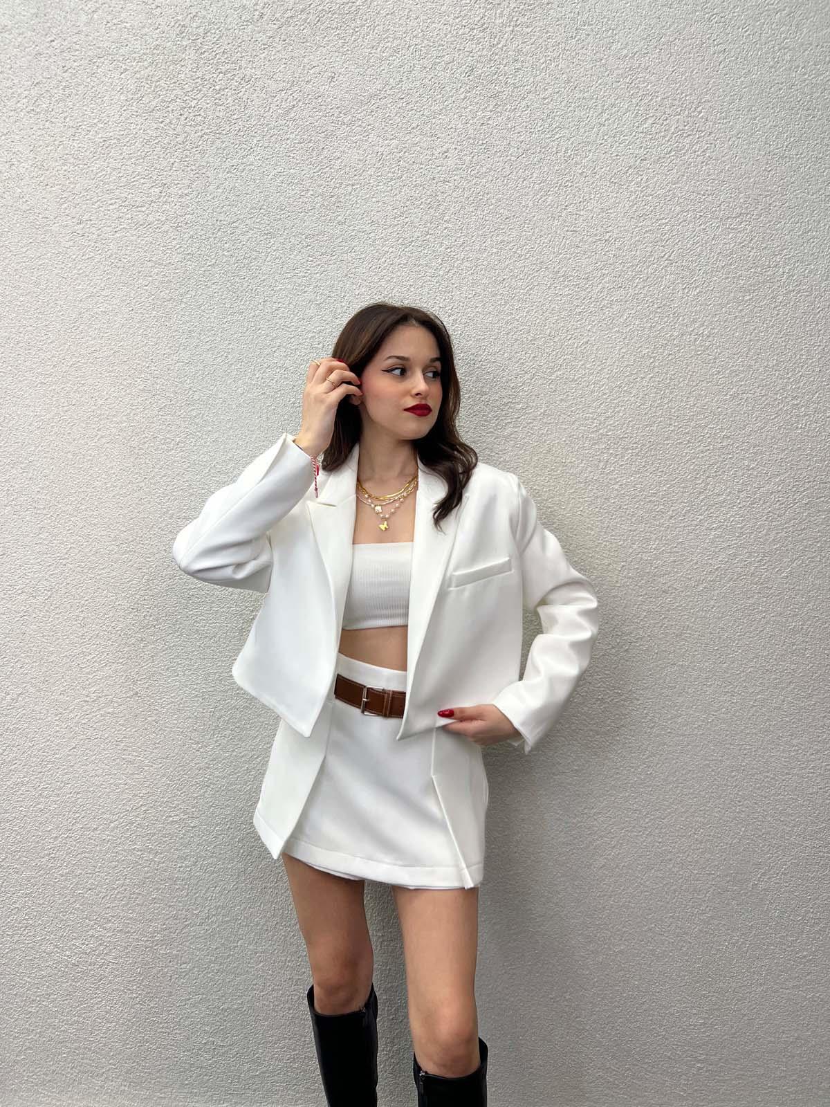 Alicante Beyaz Crop Ceket Etek Takım