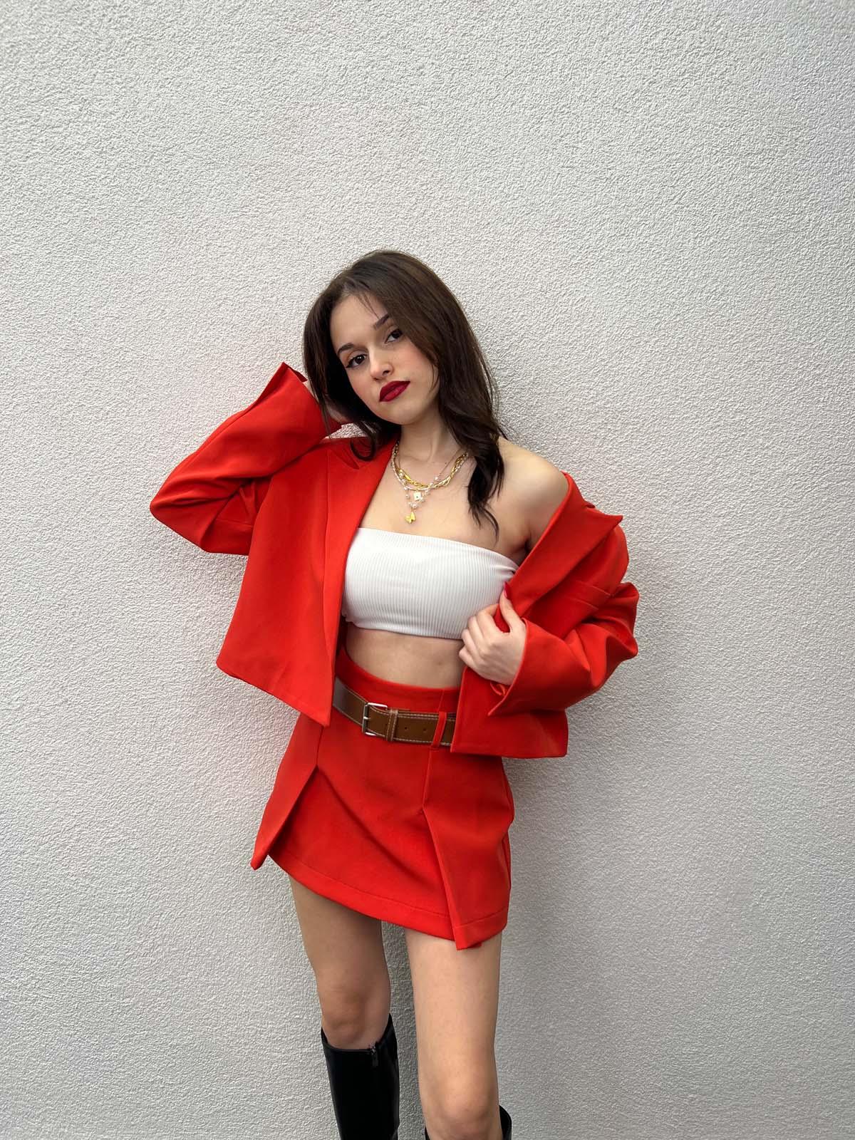 Alicante Kırmızı Crop Ceket Etek Takım