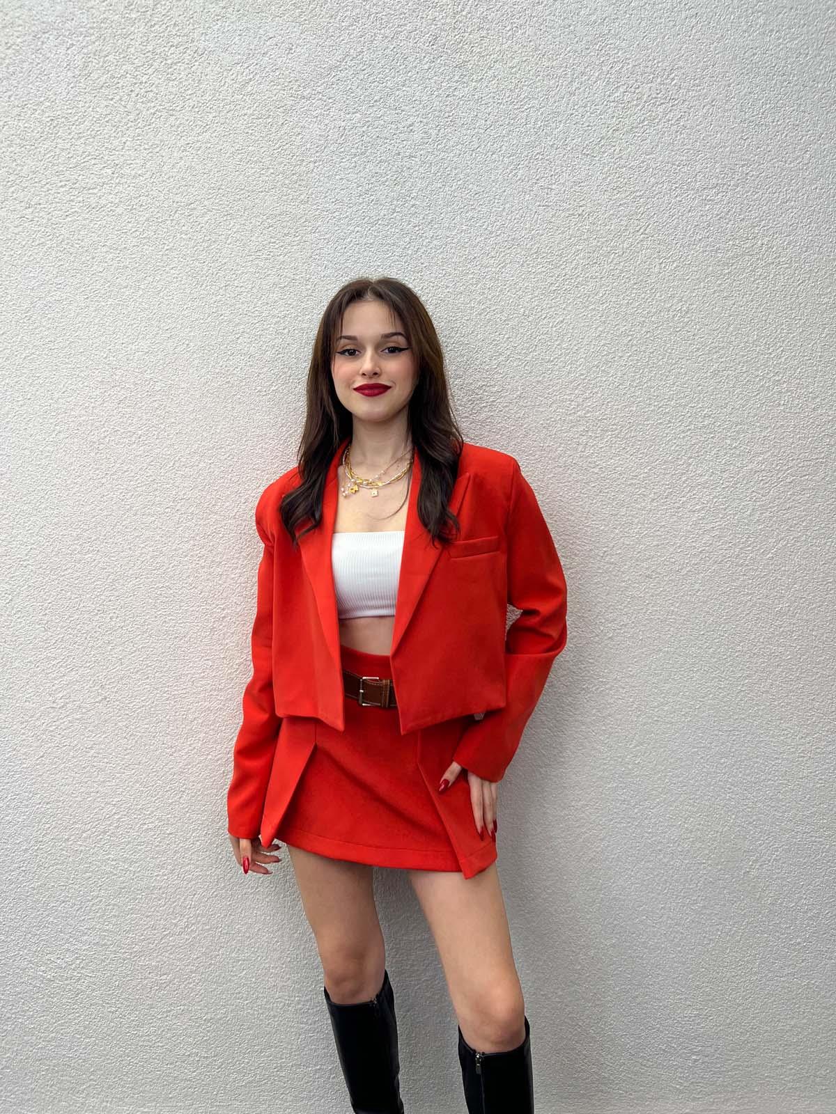 Alicante Kırmızı Crop Ceket Etek Takım