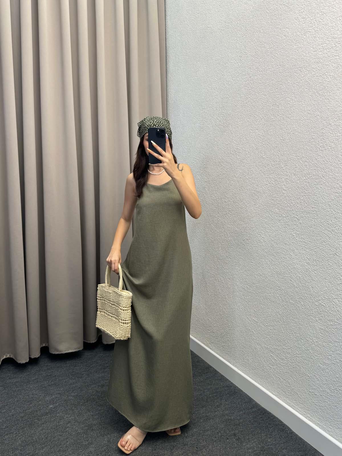 Ares Askılı Haki Keten Elbise