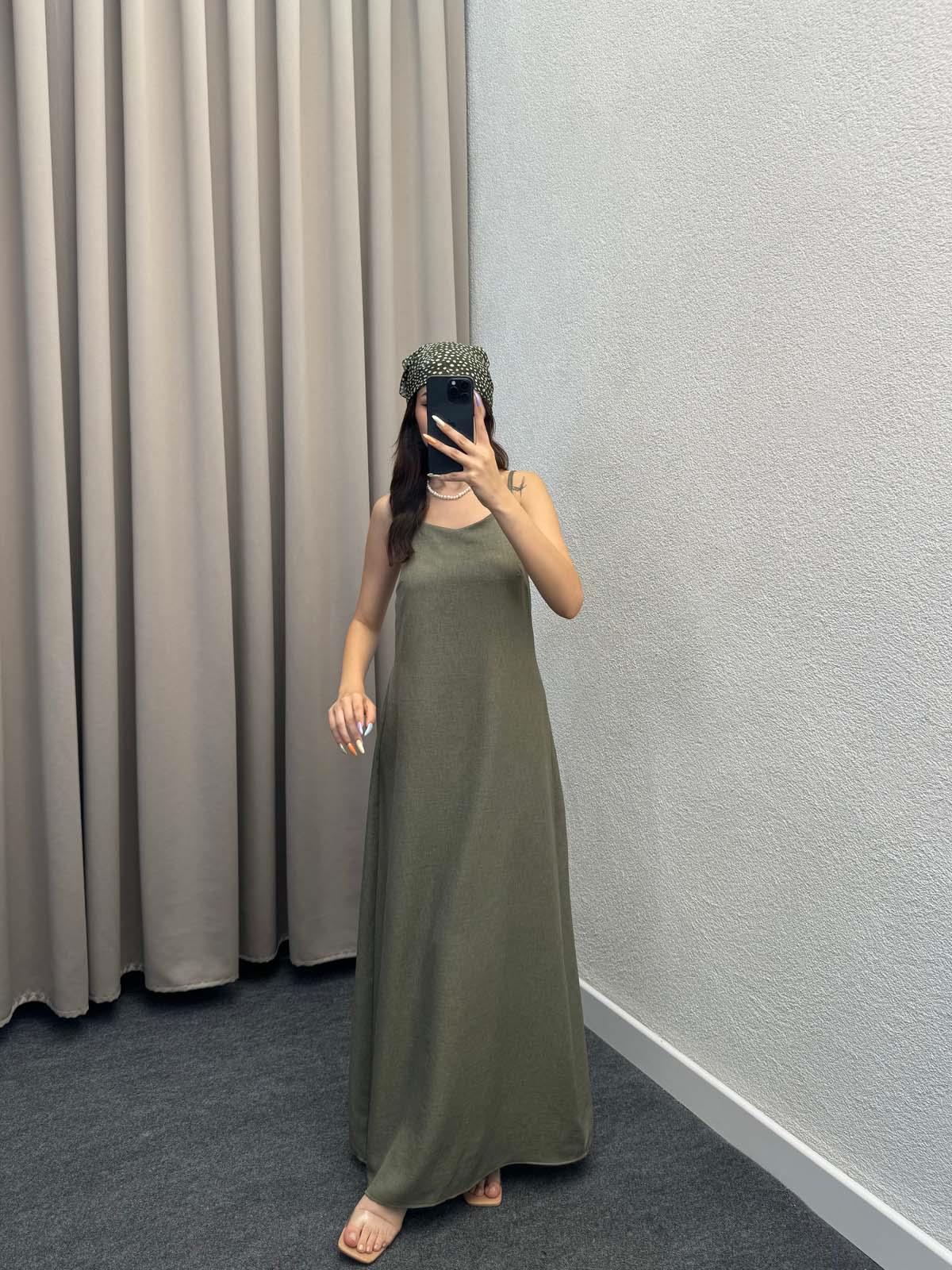 Ares Askılı Haki Keten Elbise