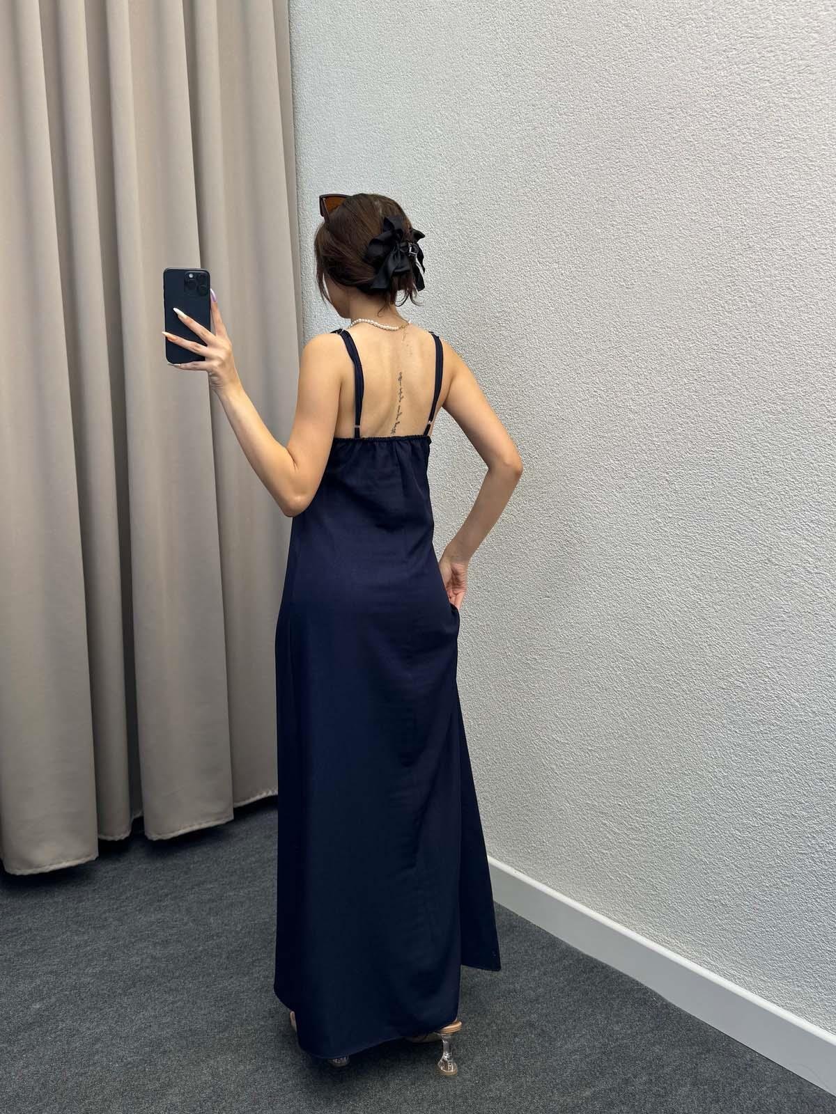 Ares Askılı Lacivert Keten Elbise