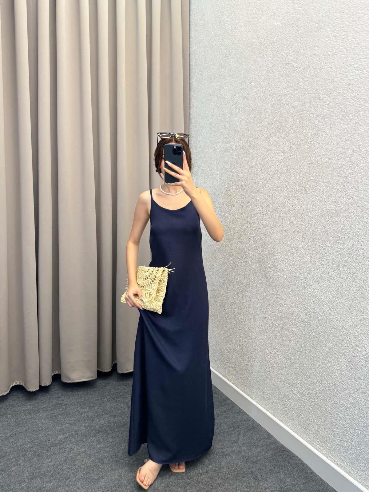 Ares Askılı Lacivert Keten Elbise