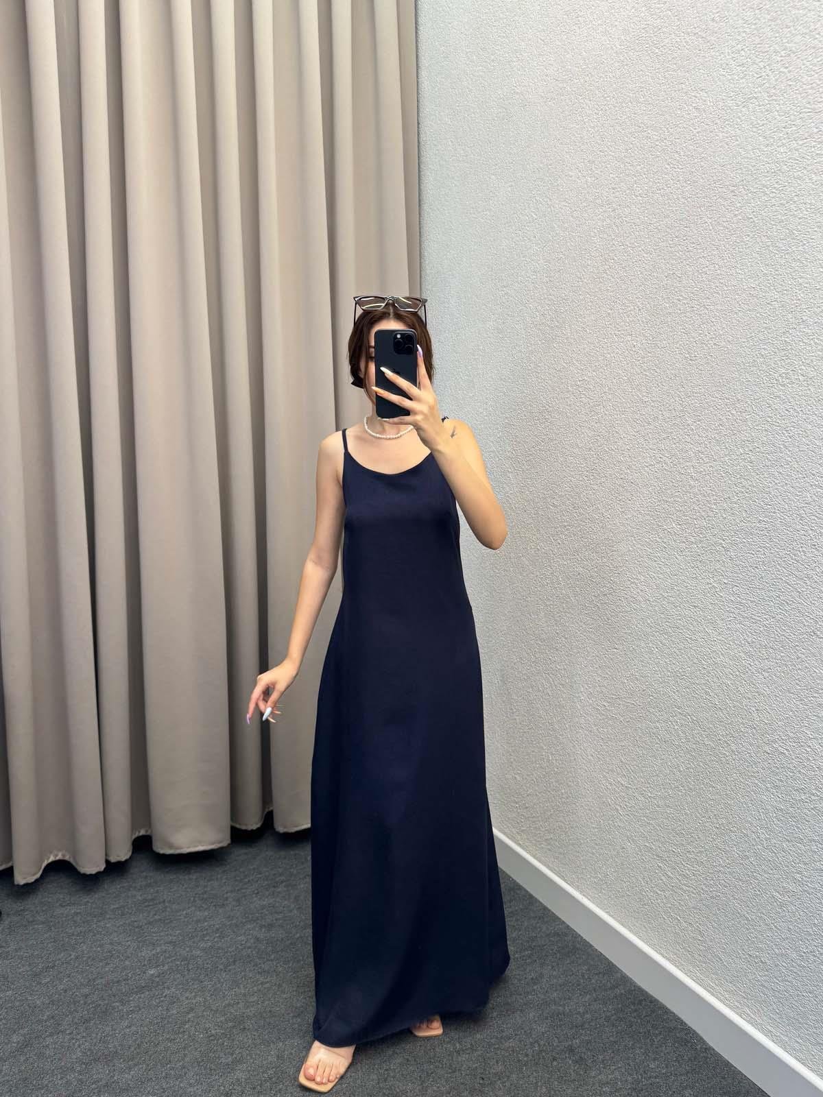 Ares Askılı Lacivert Keten Elbise