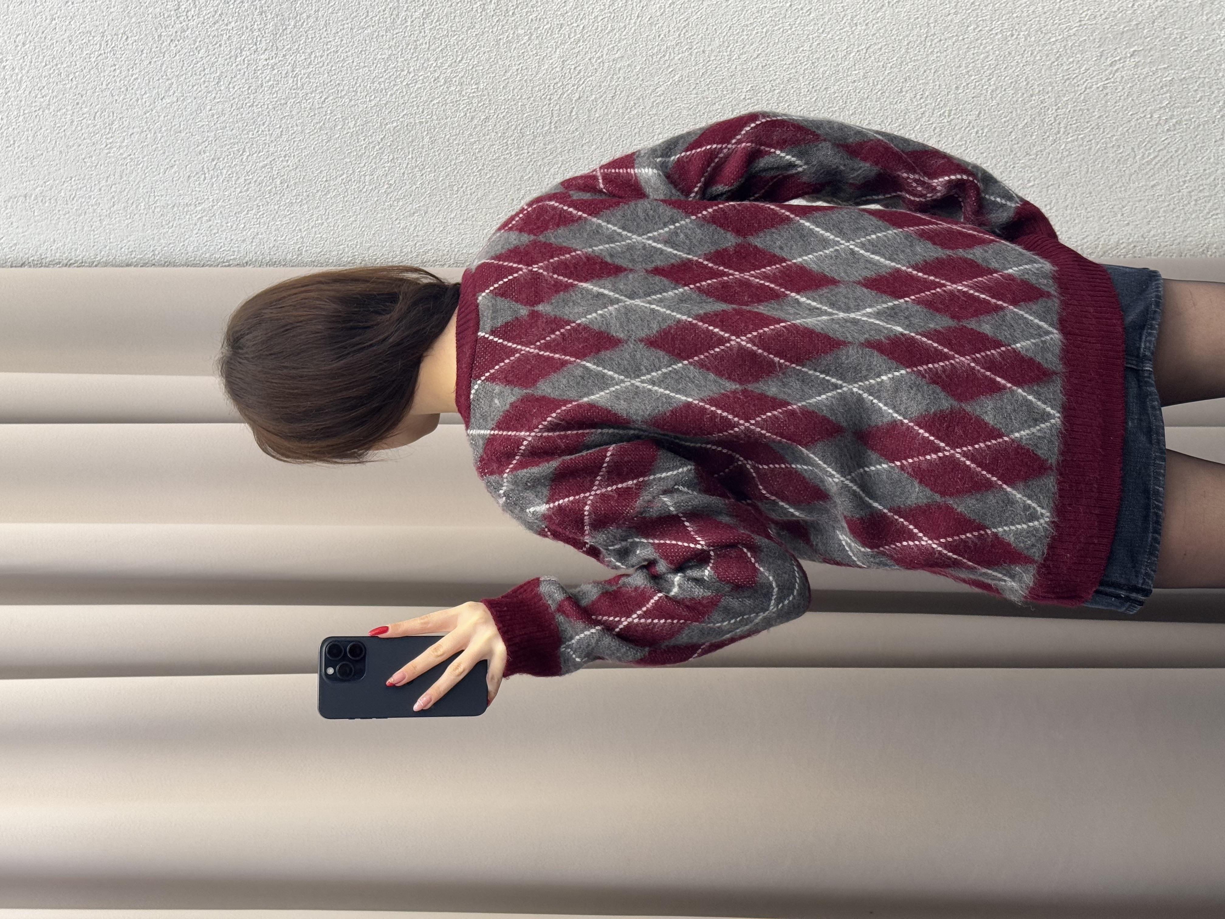 BAKLAVA DESEN OVERSİZE KALIP KAZAK BORDO