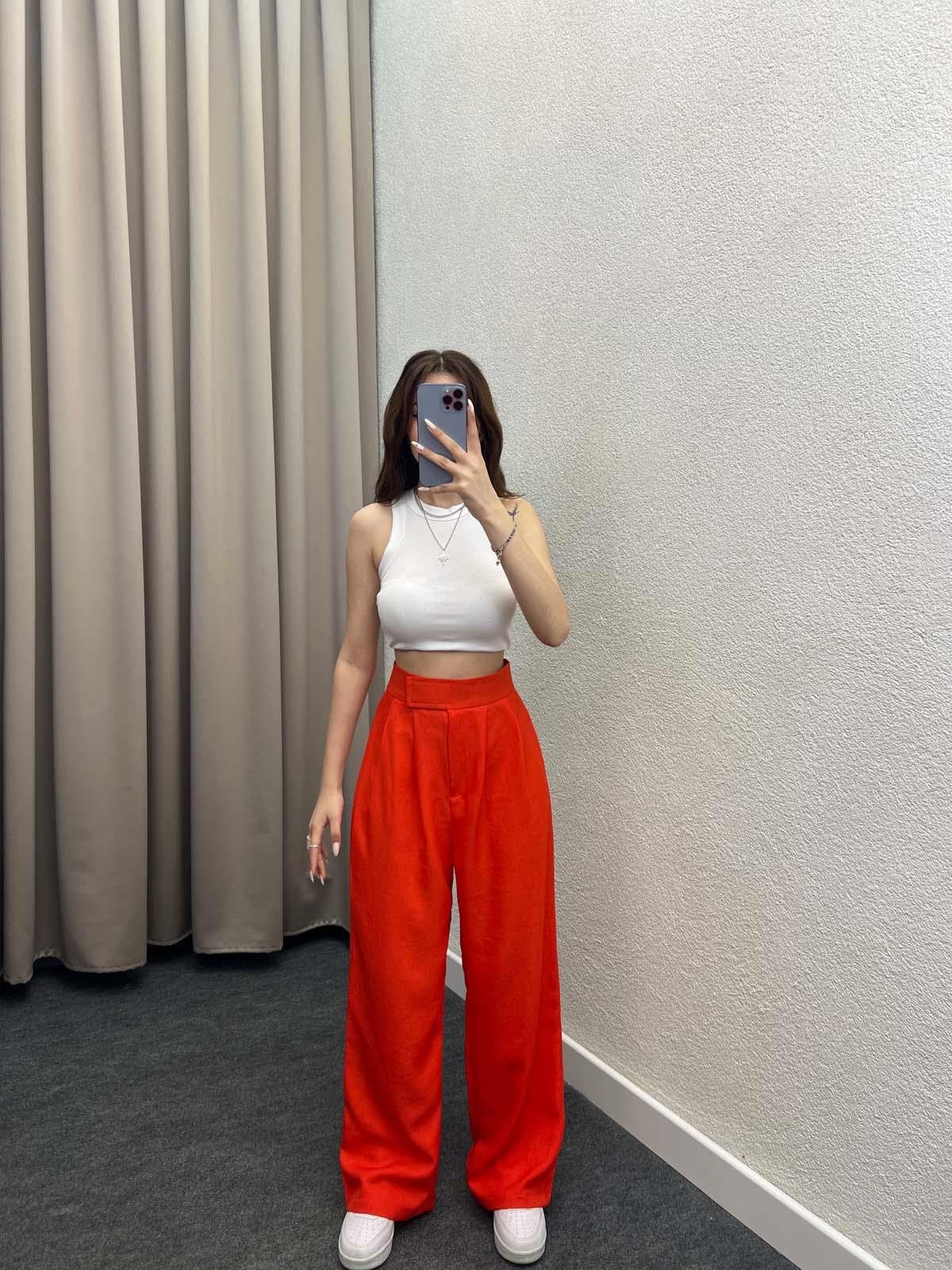 Burgos Cırt Kapamalı Orange Keten Palazzo Pantolon