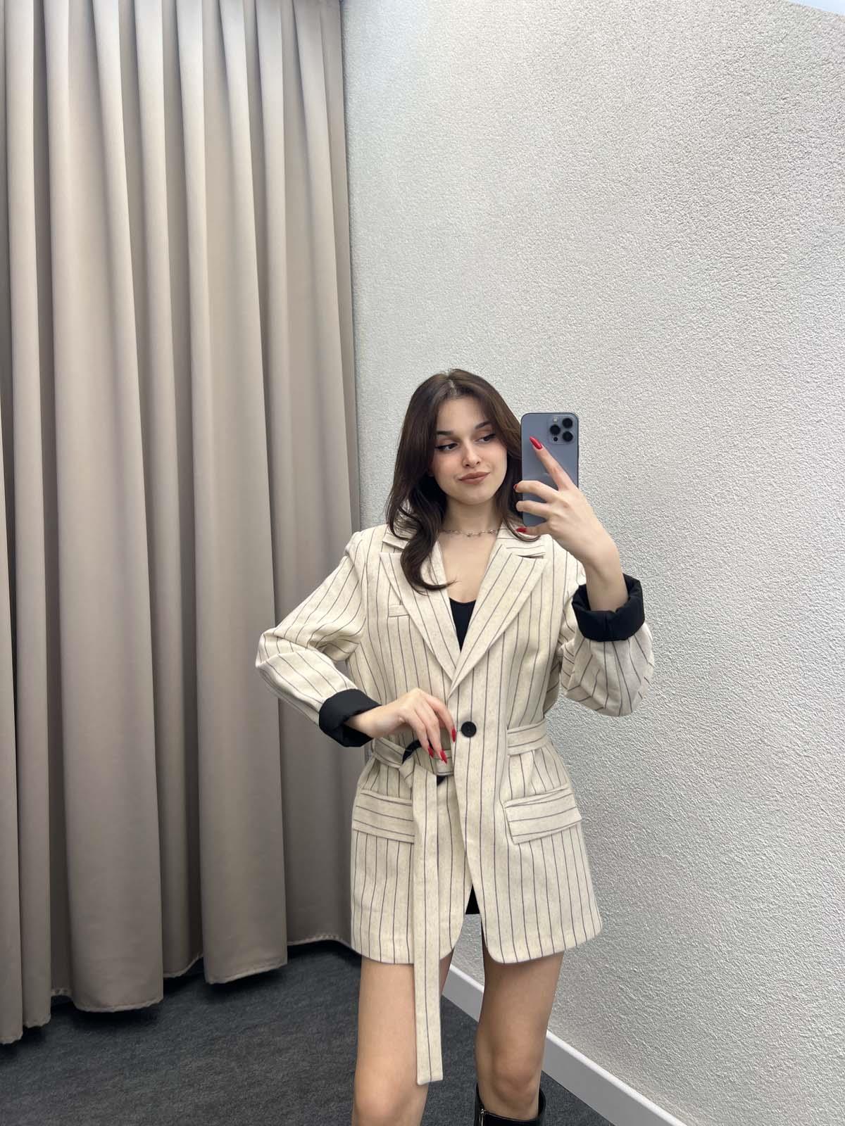 Çizgili Astarlı Keten Taş Çeket