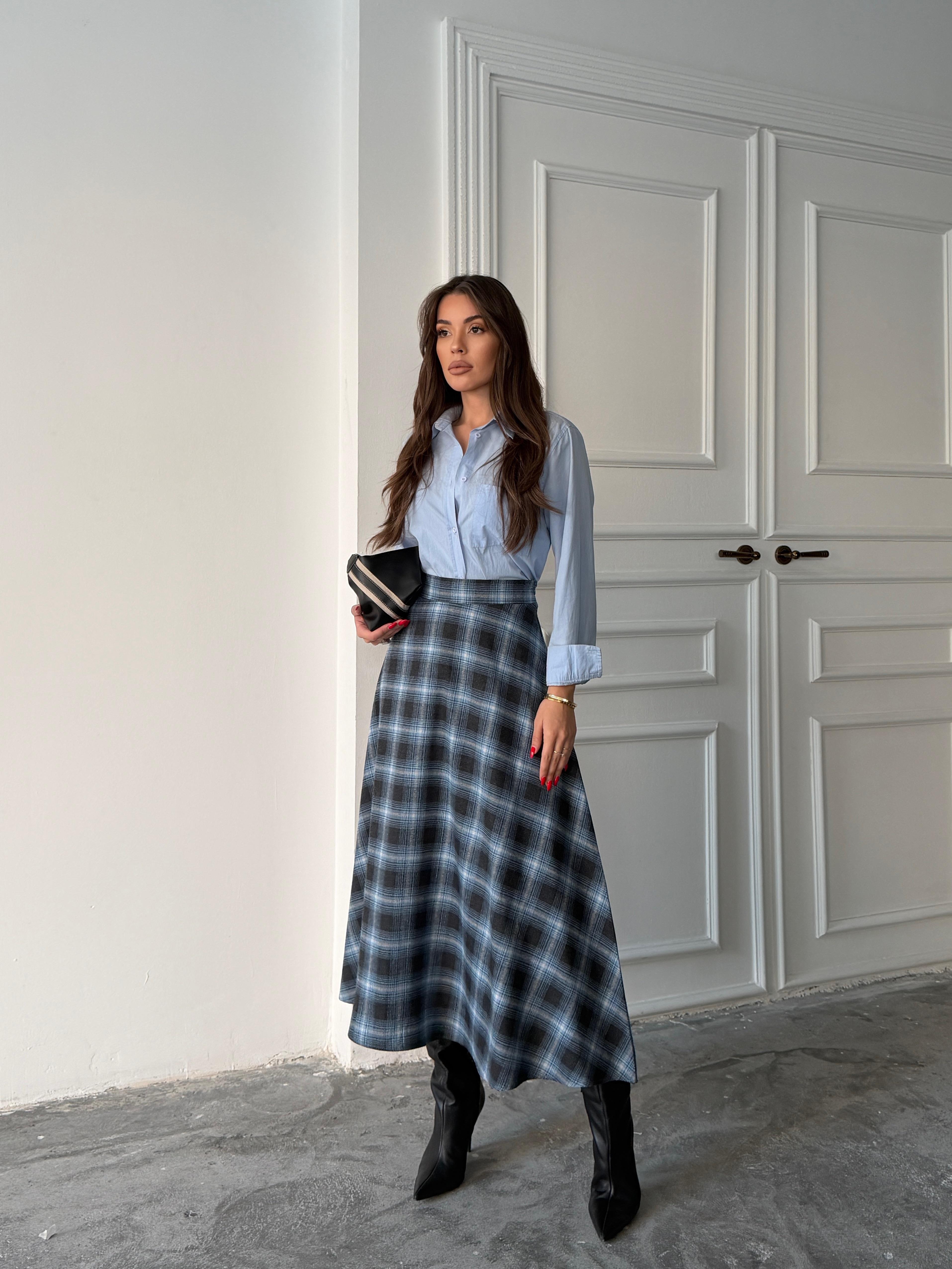 EKOSE KLOŞ ETEK UZUN BOY MAVİ-SİYAH