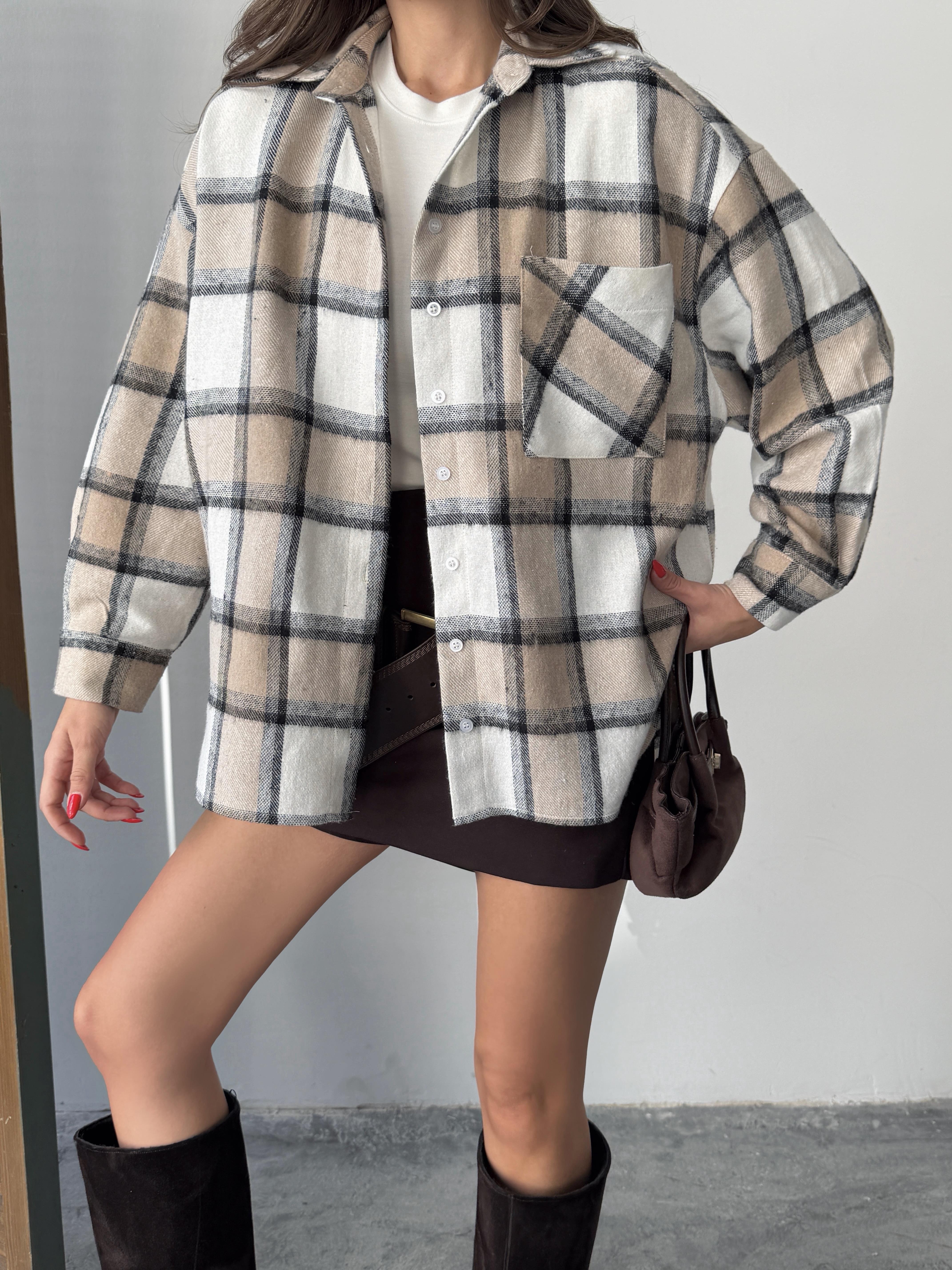 ekose oversize oduncu gömlek bej
